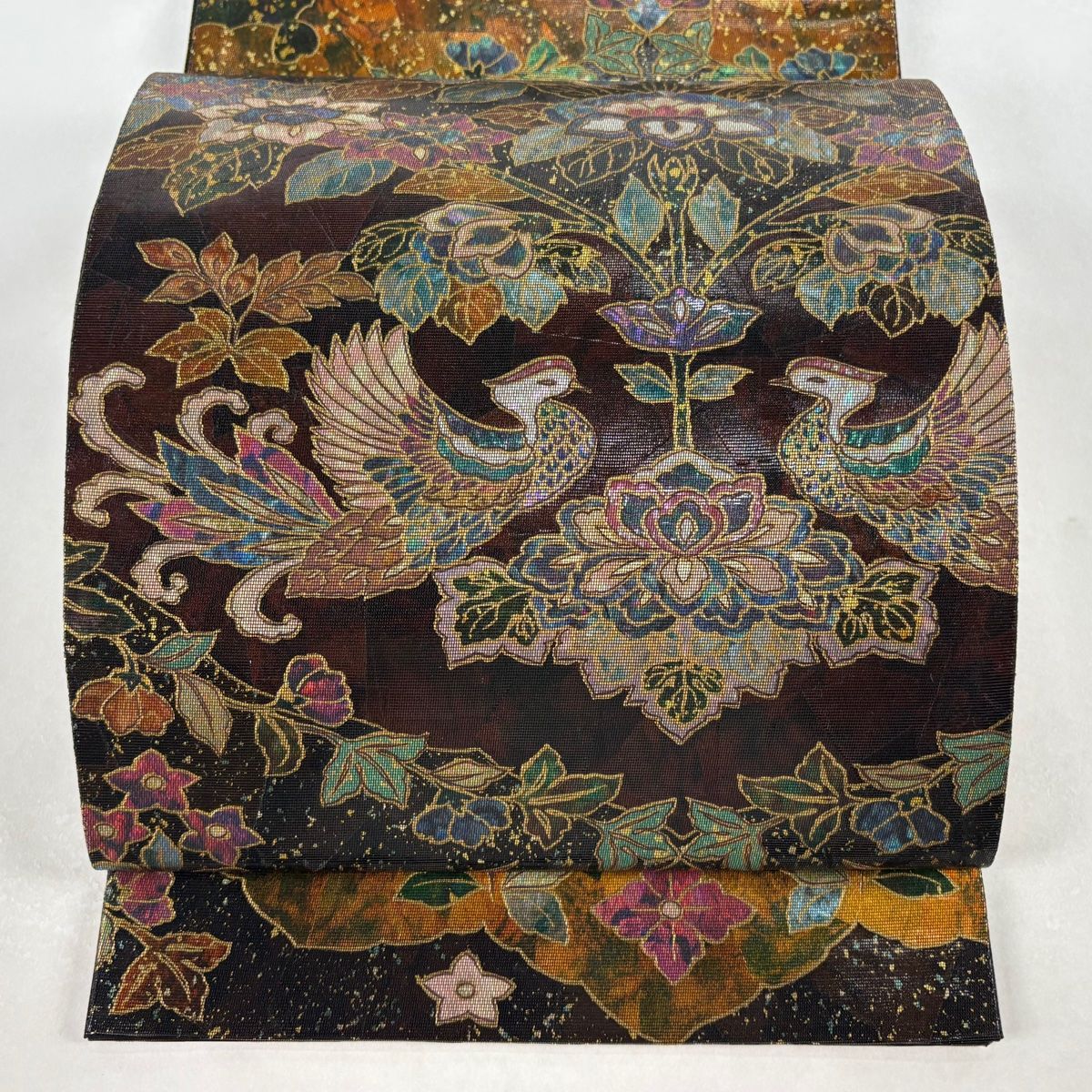 【美品】 袋帯 名品 向鳥 草花 螺鈿箔 箔 茶色 お太鼓柄 正絹 【】