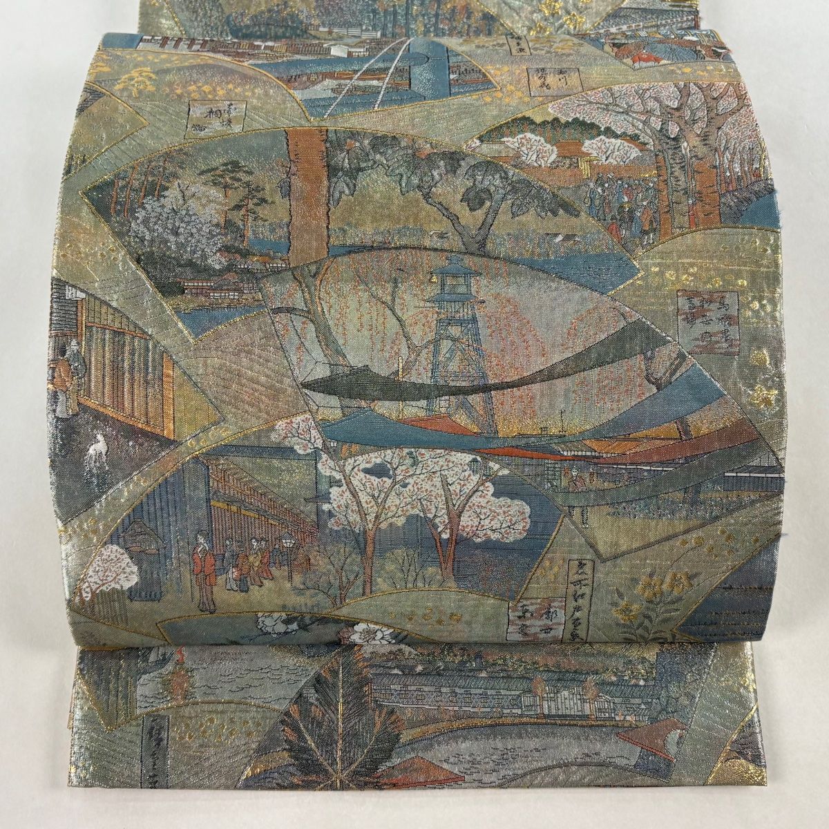 丸帯 廣重 名所大江戸百景 箔 薄緑 お太鼓柄 正絹
