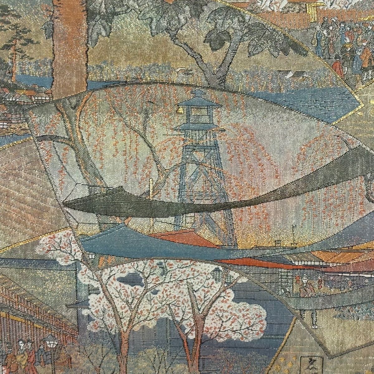 丸帯 廣重 名所大江戸百景 箔 薄緑 お太鼓柄 正絹