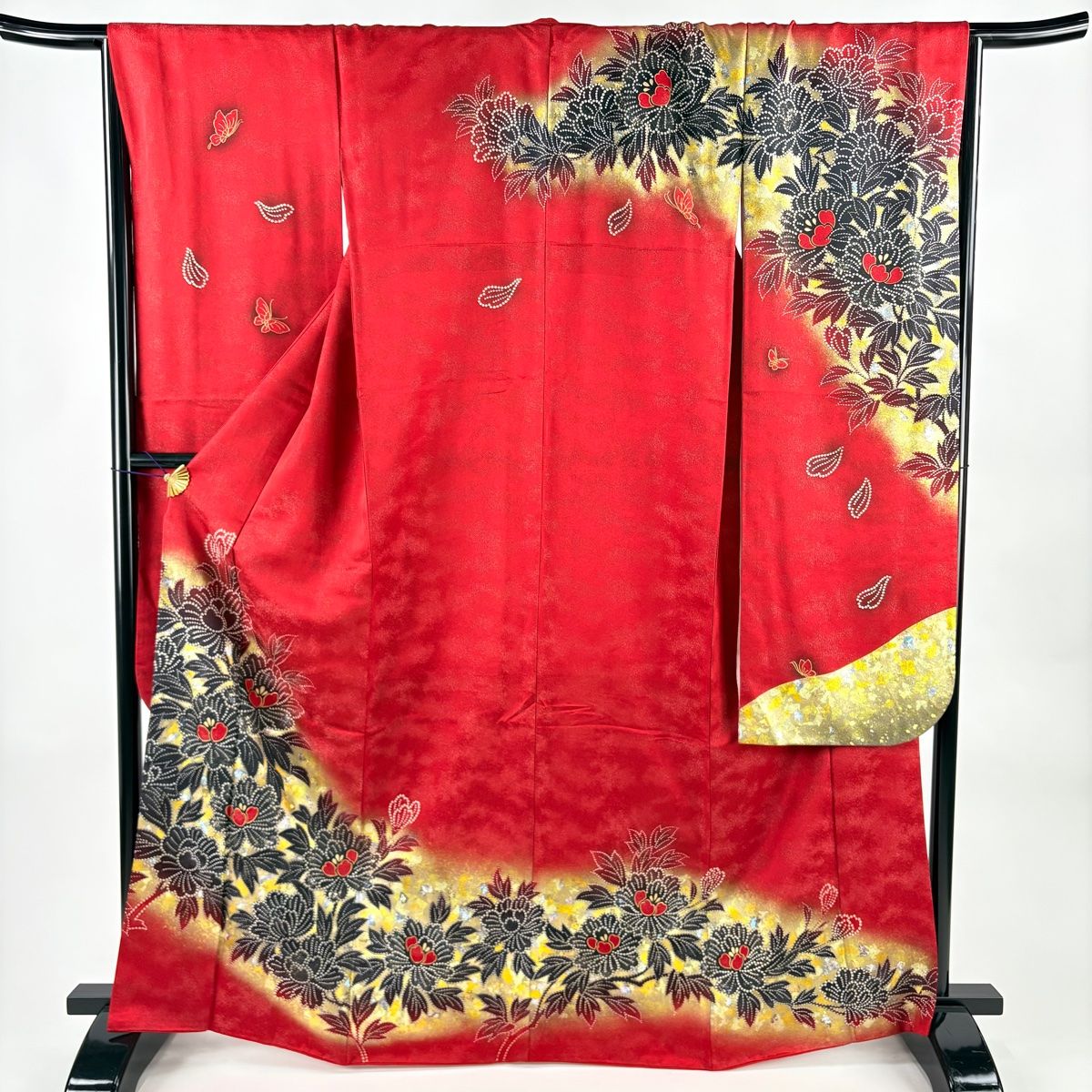 美品】 振袖 身丈165cm 裄丈67cm M 袷 草花 銀通し 金銀彩 赤 正絹 