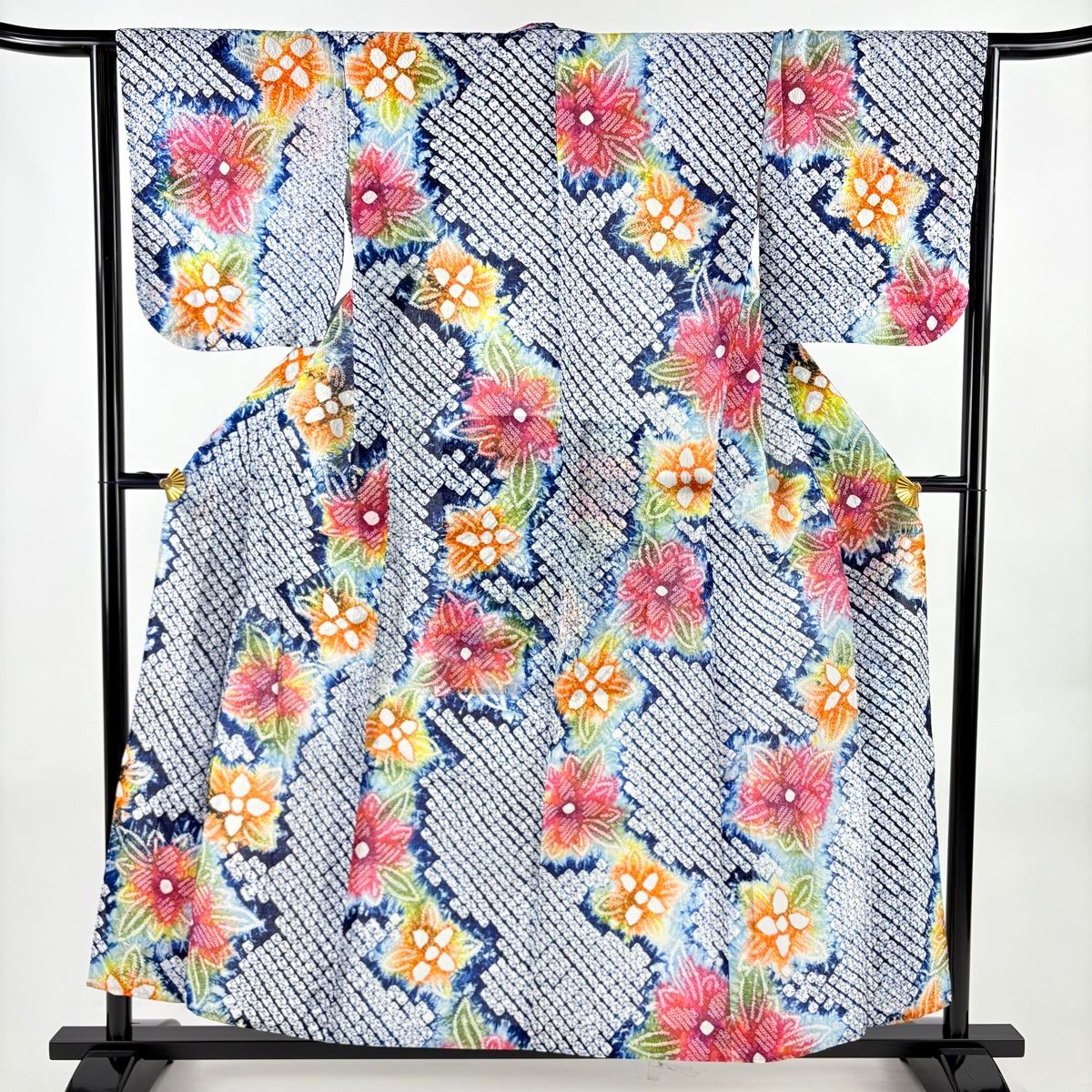 浴衣 身丈157 cm 裄丈64 5 M 絞り浴衣 草花 紺色 綿