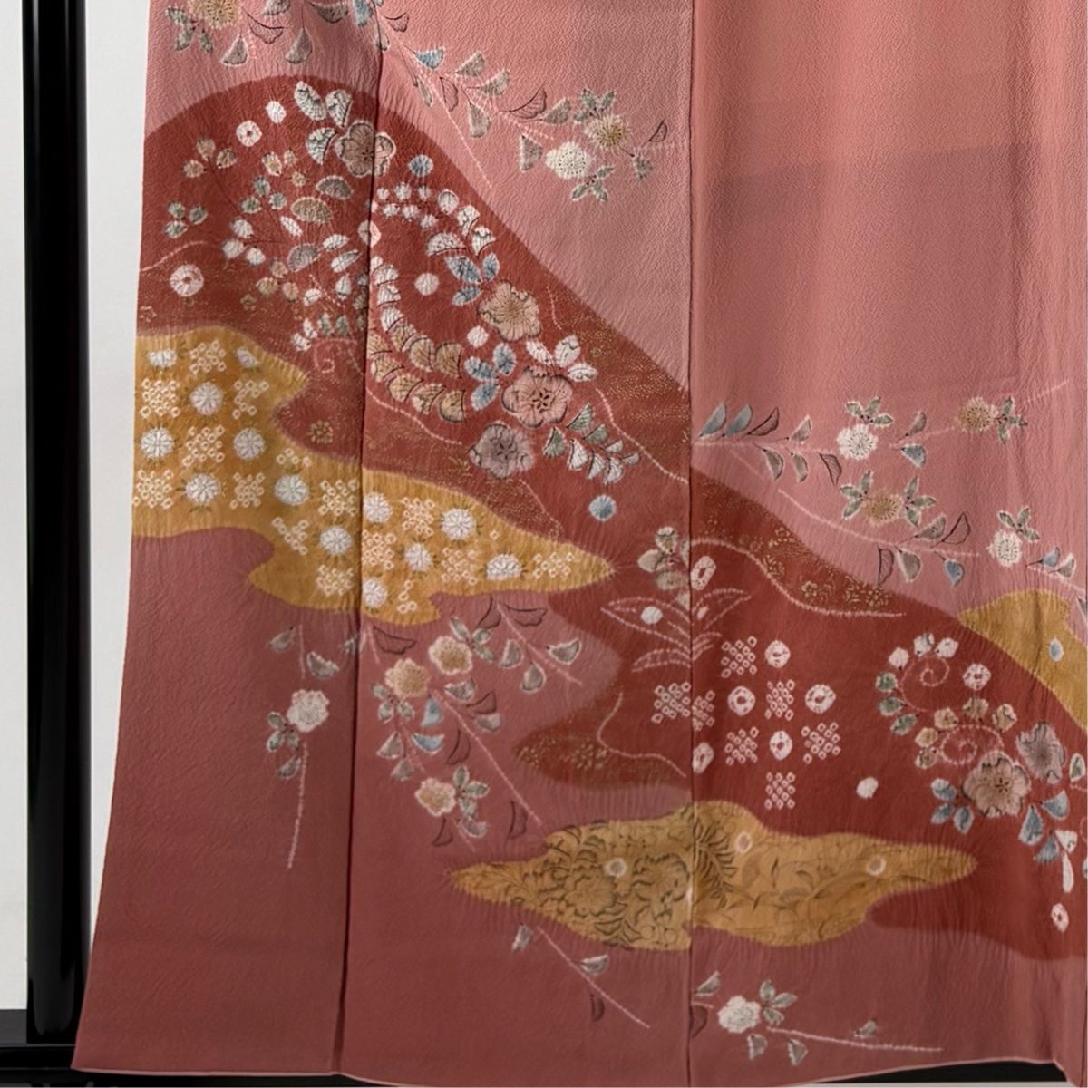 訪問着 身丈159 cm 裄丈63 S 袷 滝泰 落款 辻が花 霞 金彩 絞り ピンク 正絹