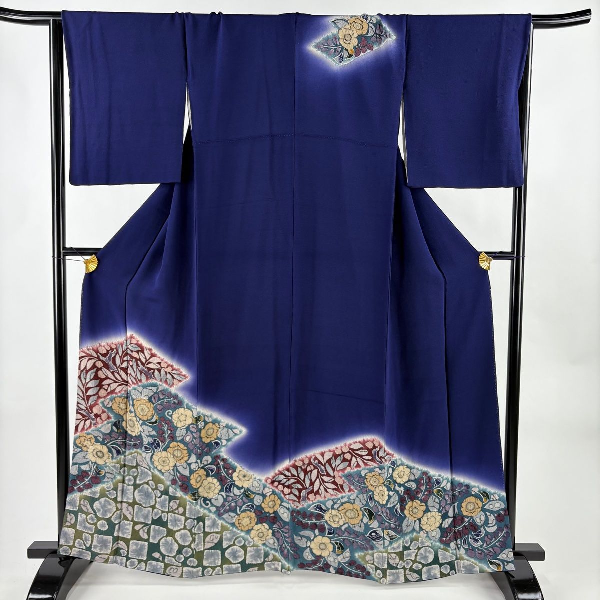 訪問着 身丈163 cm 裄丈67.5 L 袷 草花 幾何学 縮緬 絞り 青紫 正絹