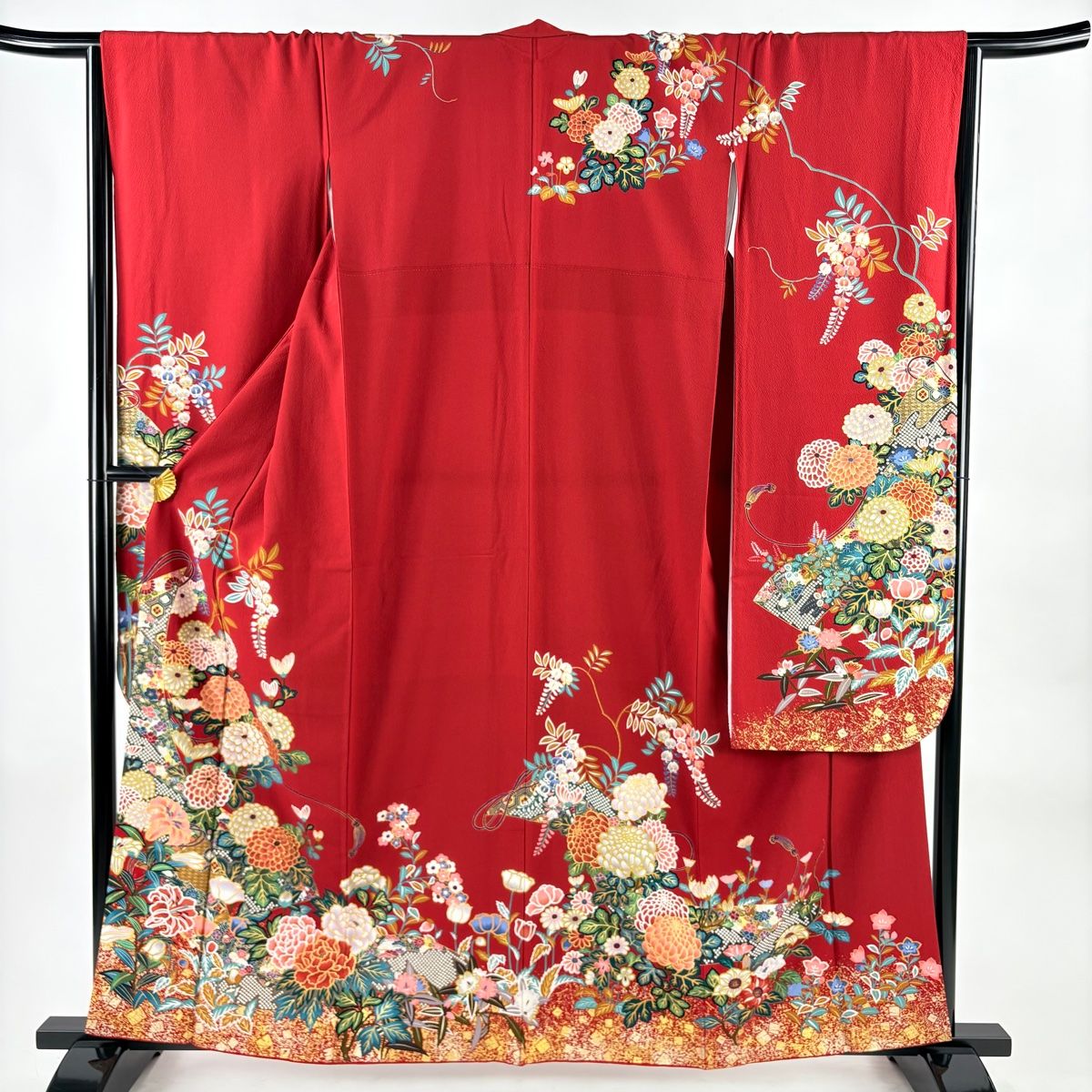 振袖 身丈160cm 裄丈67cm M 袷 菊 牡丹 金糸 金彩 赤 正絹 名品 【】