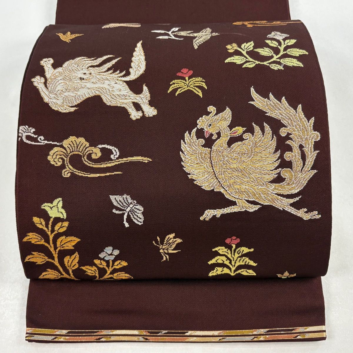 美品】 袋帯 逸品 龍村平蔵 落款 鳥 獅子 箔 濃紫 お太鼓柄 正絹