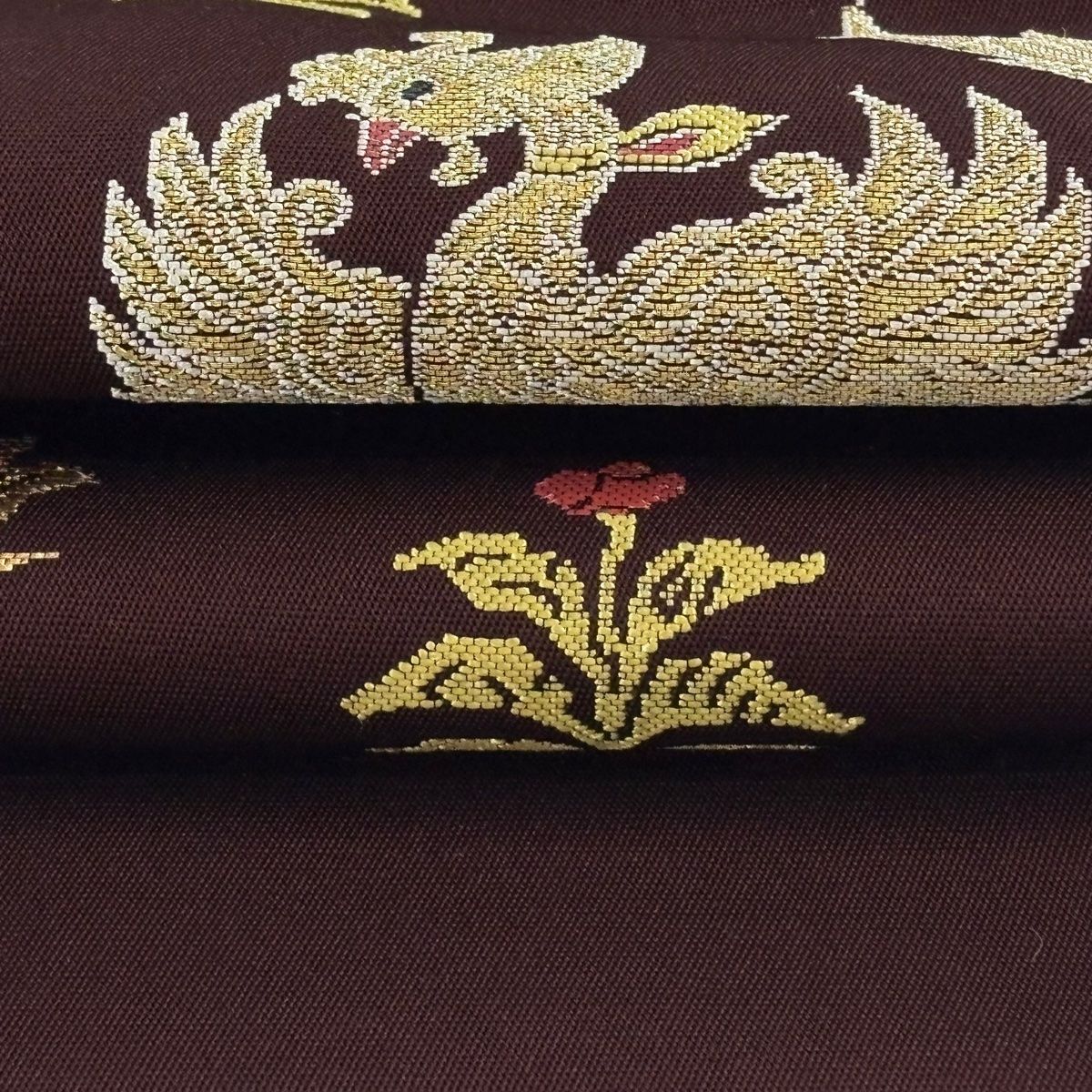 美品】 袋帯 逸品 龍村平蔵 落款 鳥 獅子 箔 濃紫 お太鼓柄 正絹