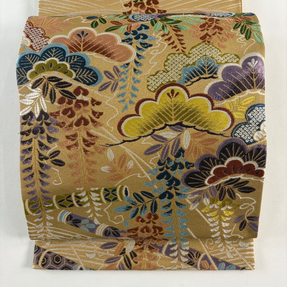 美品】 袋帯 逸品 白綾苑大庭 落款 笠松 草花 金糸 黄土色 六通 正絹