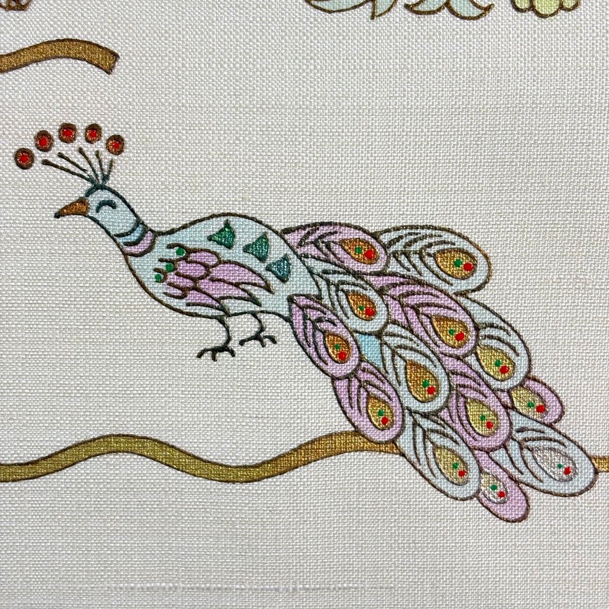 開き名古屋帯 逸品 紬地 象 孔雀 金銀彩 クリーム 正絹 【中古