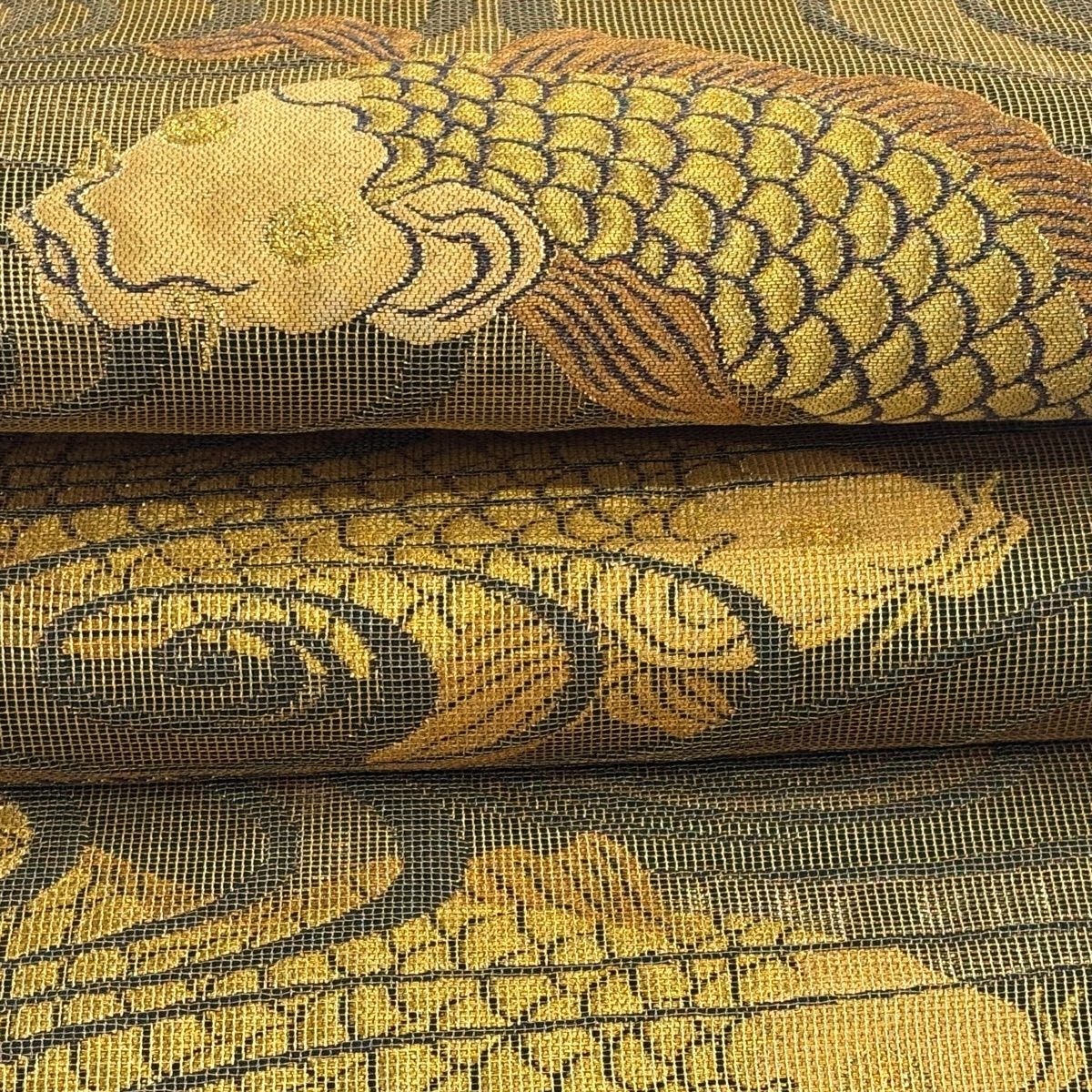美品】 袋帯 逸品 誉田屋源兵衛 落款 共箱付き 鯉 流水 金糸 箔 金茶