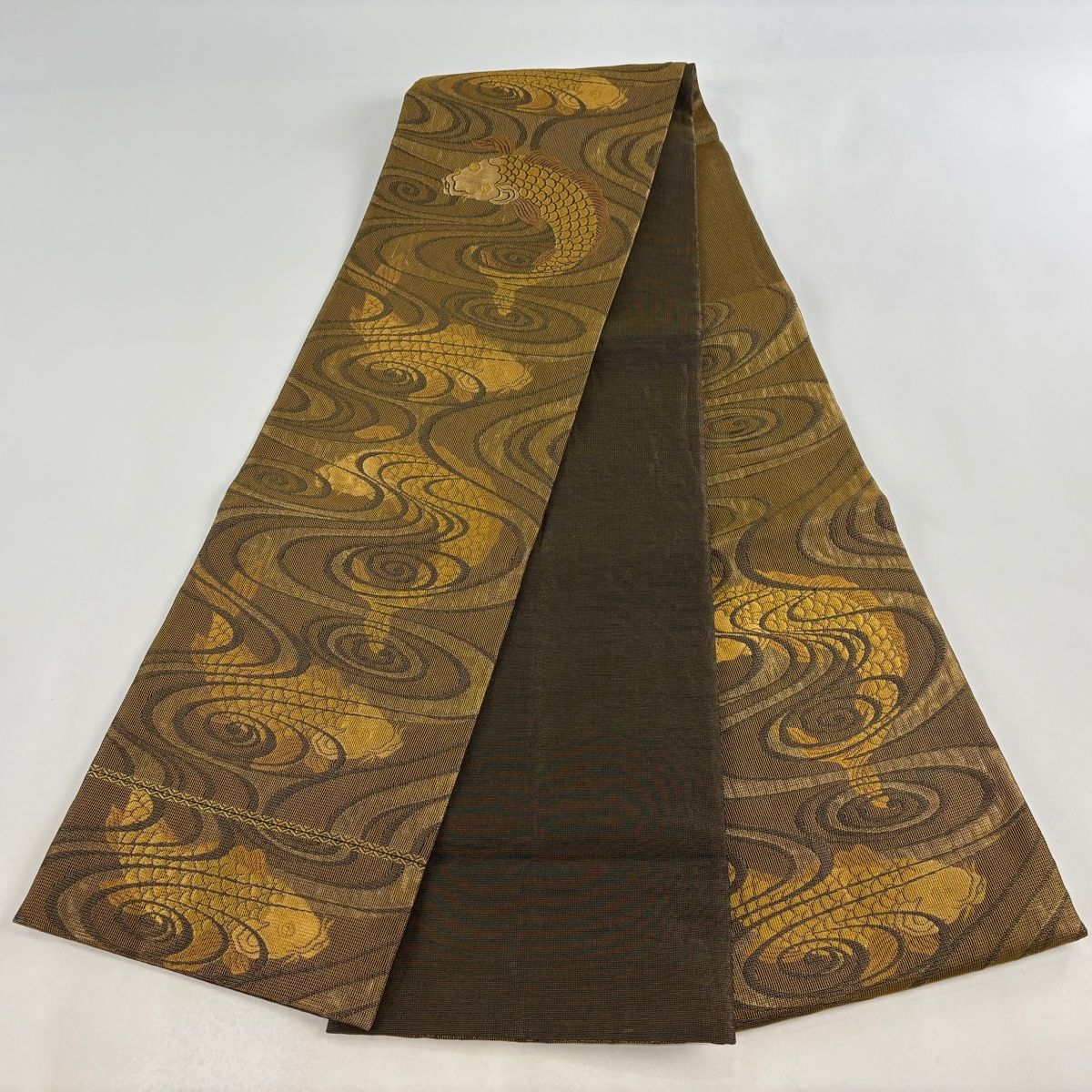 美品】 袋帯 逸品 誉田屋源兵衛 落款 共箱付き 鯉 流水 金糸 箔 金茶