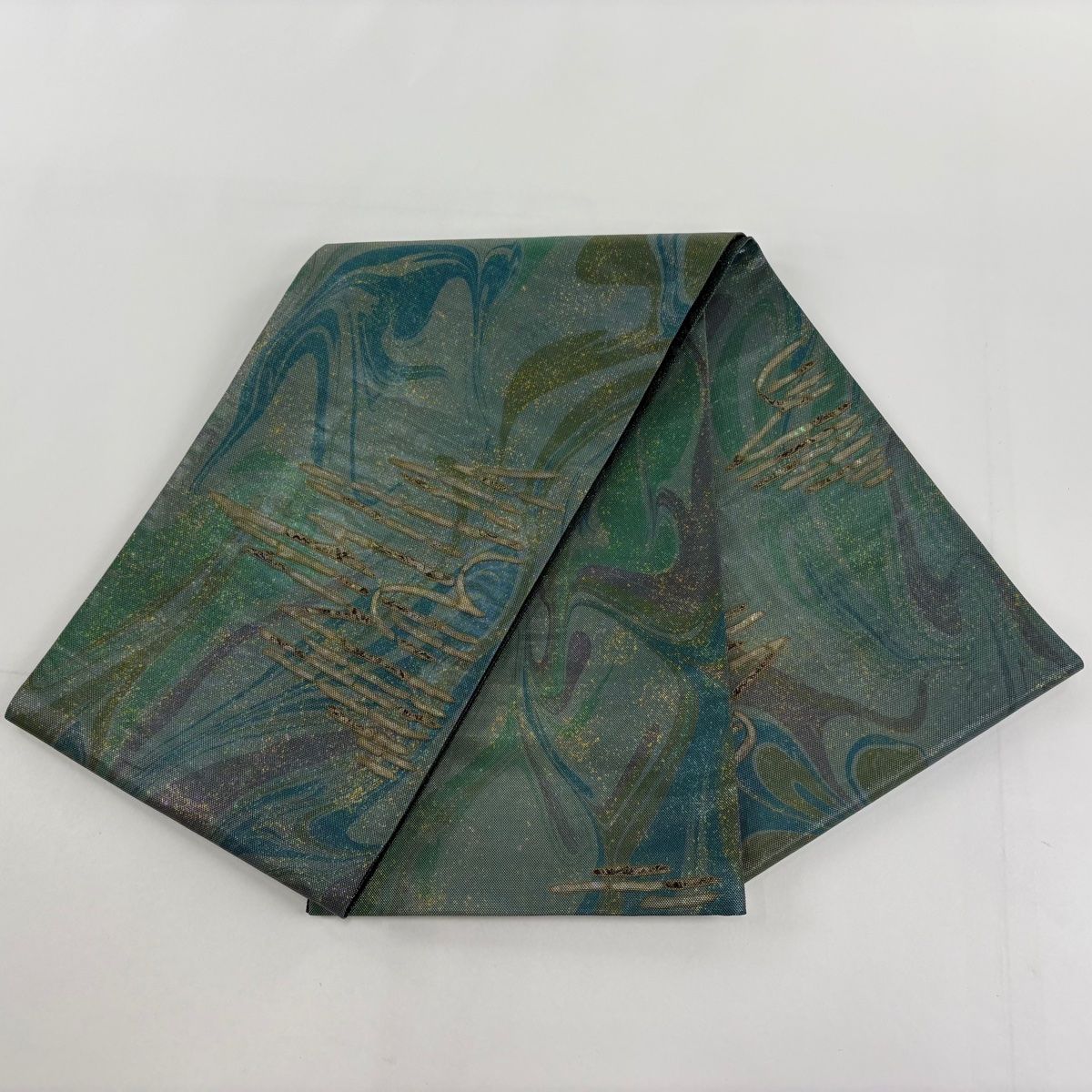 袋帯 逸品 落款 伝統箔匠 木村幸啓 共箱付き 墨流し 霞 螺鈿 箔 灰緑