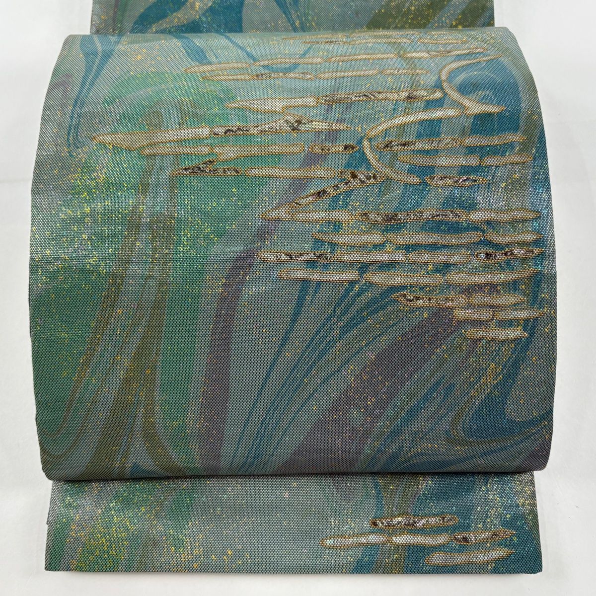 袋帯 逸品 落款 伝統箔匠 木村幸啓 共箱付き 墨流し 霞 螺鈿 箔 灰緑