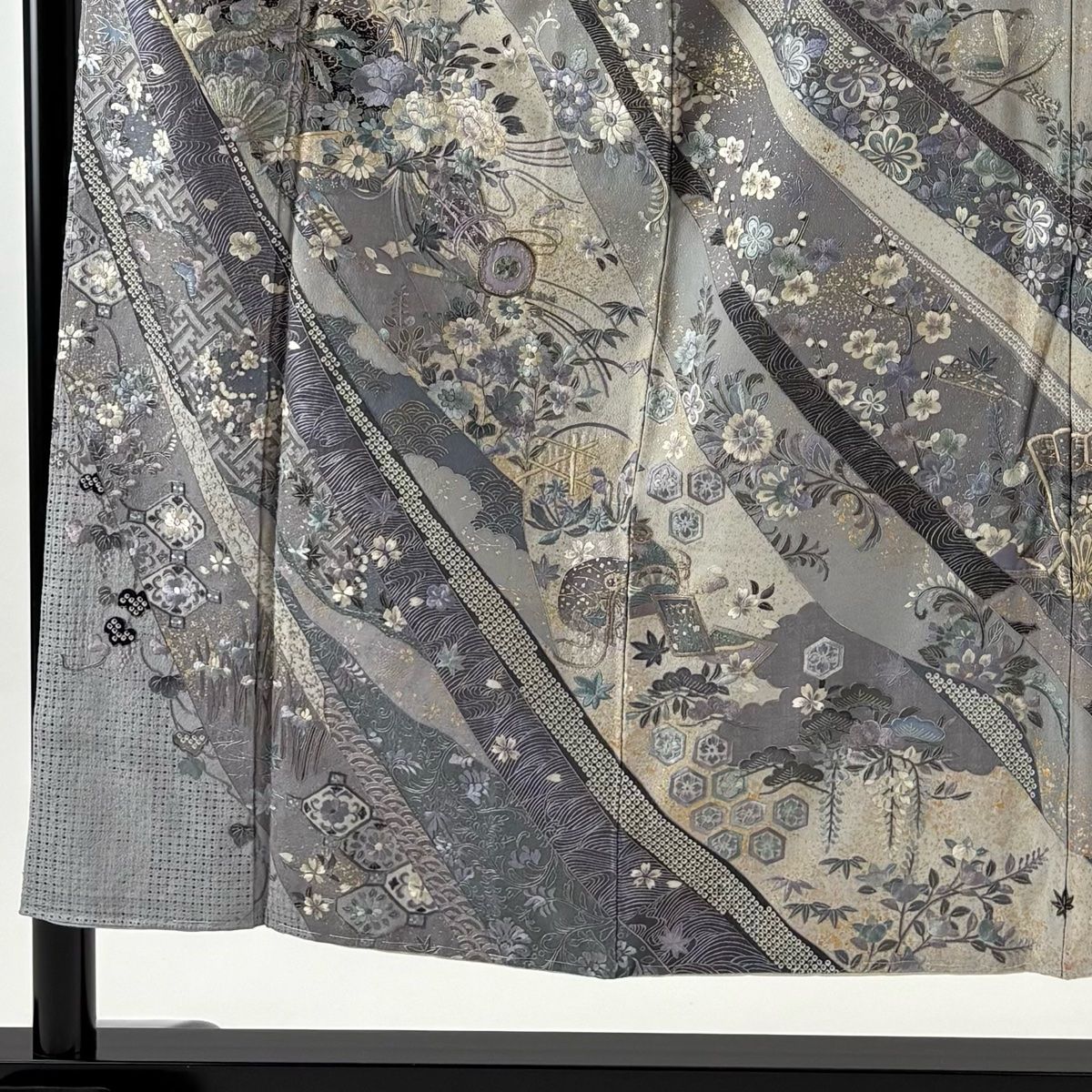 訪問着 身丈152 cm 裄丈62 S 袷 桧扇 鼓 刺繍 金糸 灰白 正絹