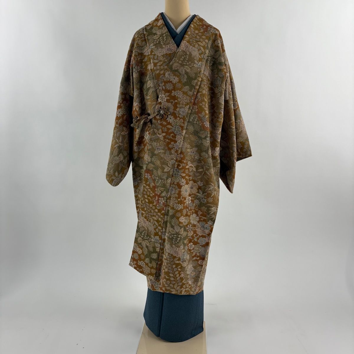 道中着 身丈120 cm 裄丈67.5 L 和装コート 桜 橘花 紋意匠 茶色 正絹