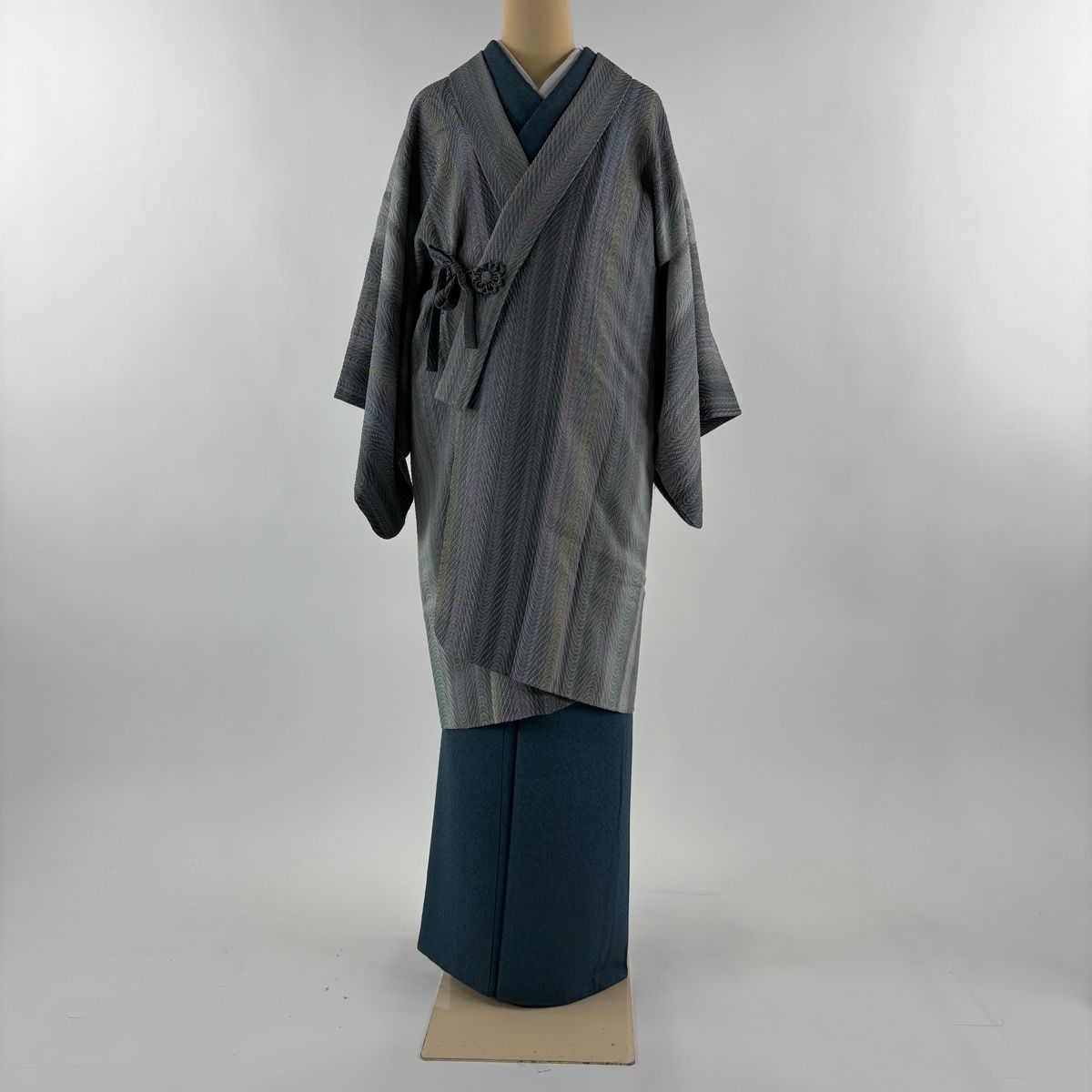 道中着 身丈94.5 cm 裄丈63 S 和装コート 着物衿 落款 幾何学模様 ぼかし 灰緑 正絹