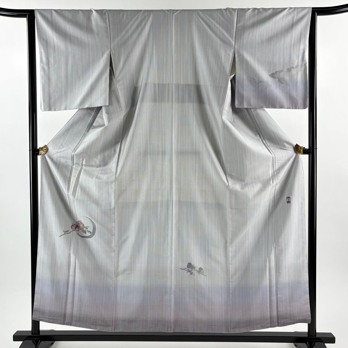 付下げ 身丈155 5 cm 裄丈63 S 袷 帝王紫 紬地 落款 みみずく 三日月 灰色 正絹