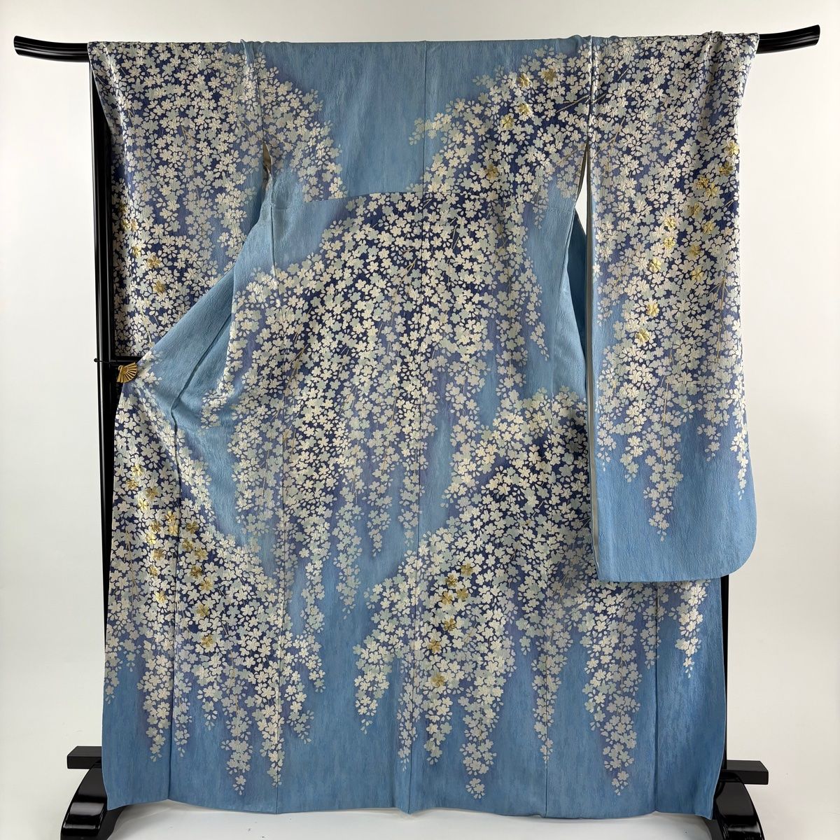 美品】 振袖 身丈170cm 裄丈73cm L 袷 落款 桜 金通し 絞り 水色 正絹