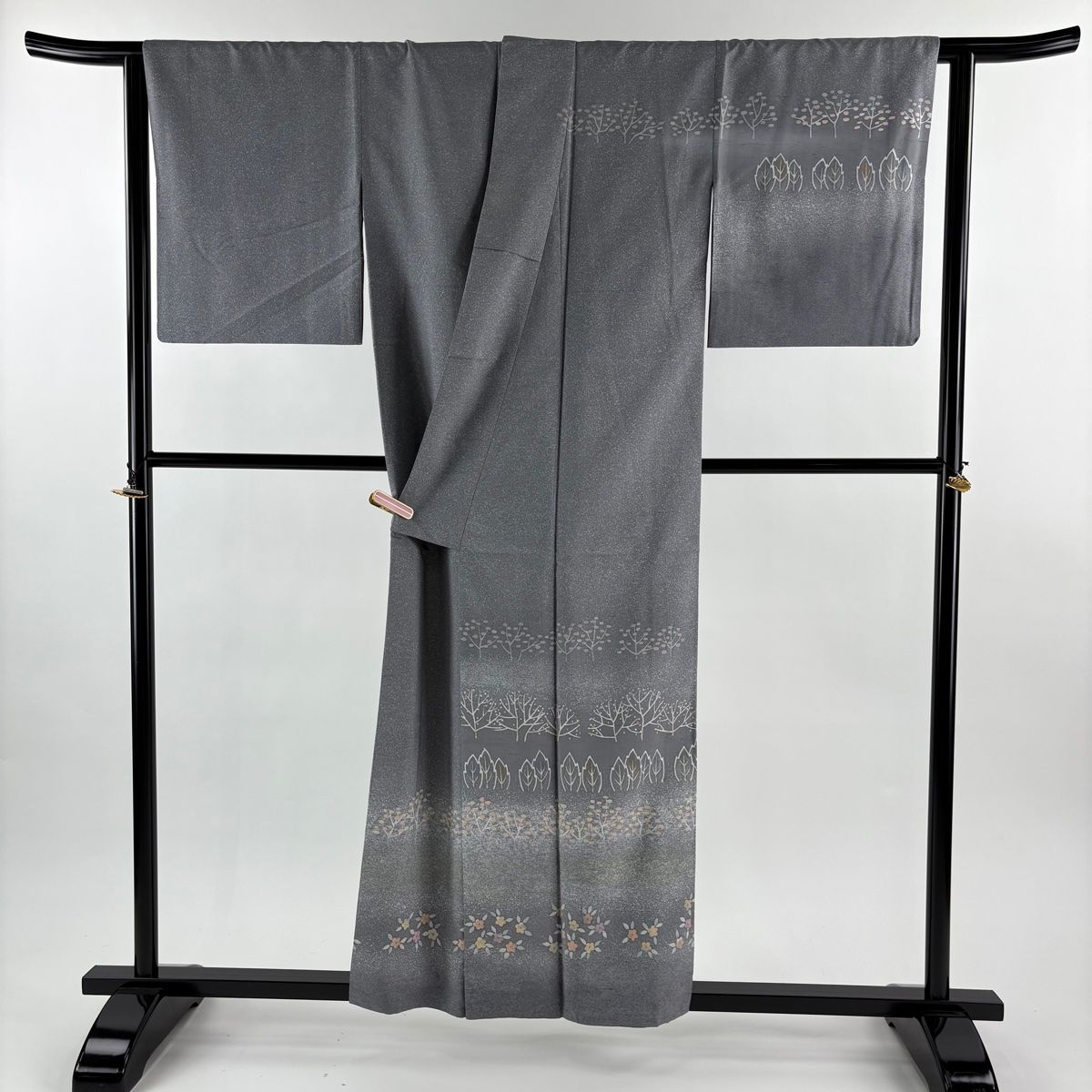 訪問着 身丈156.5 cm 裄丈65 M 袷 牛首紬地 落款 樹木 草花 灰色 正絹 プチプラ ジャケット