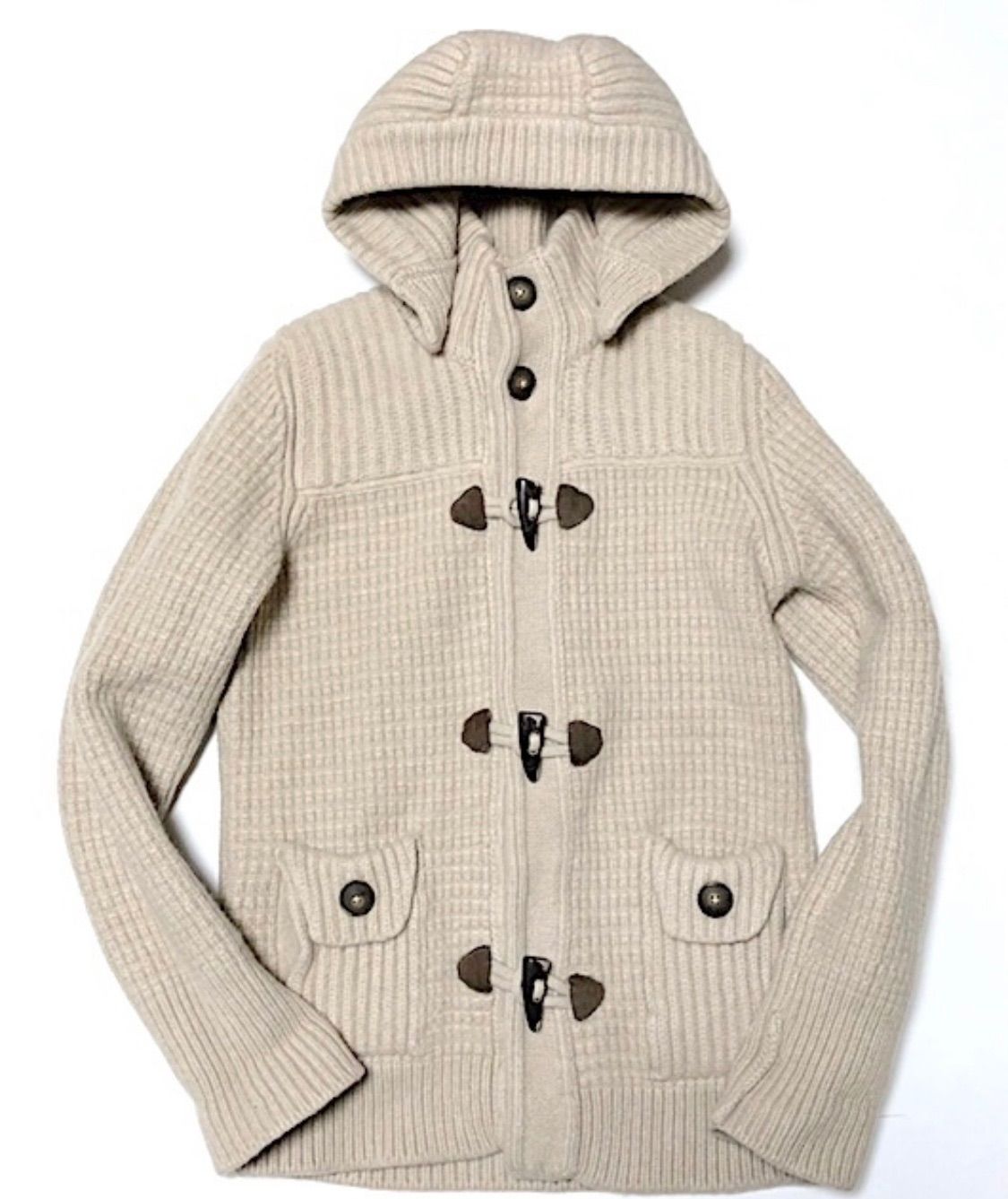 センス抜群 デニムとの相性バッチリ 伊製 グランサッソ 最上級 ヴァージンウール 肉厚 ニット ダッフルコート 48 M-L相当 メンズ ベージュ 2 A 42