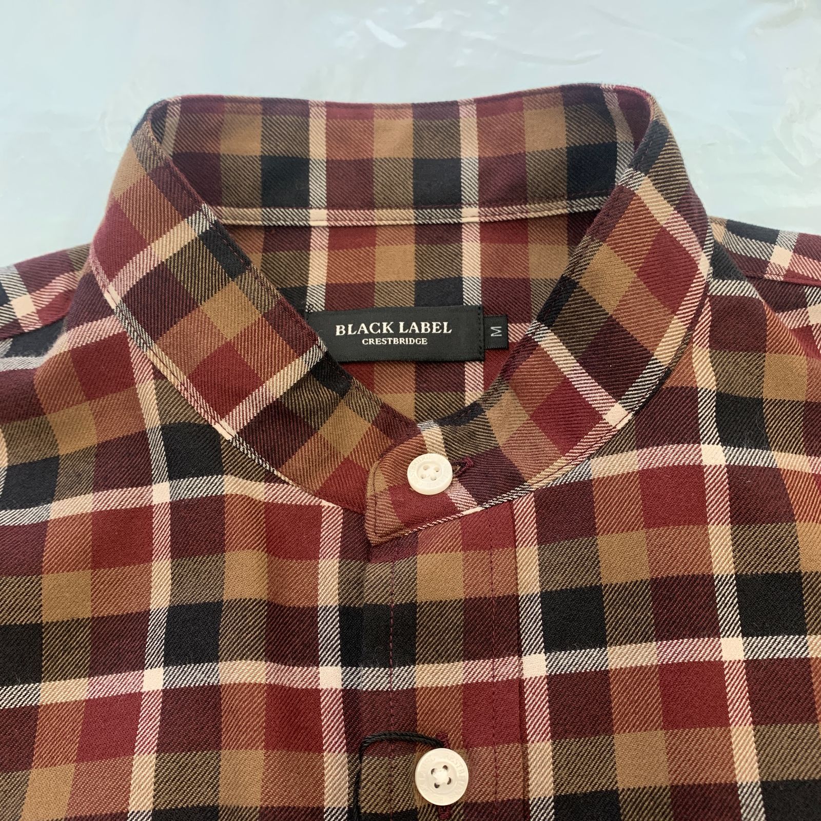 BLACK LABEL CRESTBRIDGE チェックシャツ M 長袖 スタンド レッド系ブラウン系 メンズ ブランドシャツ 綿混 上品 カジュアル