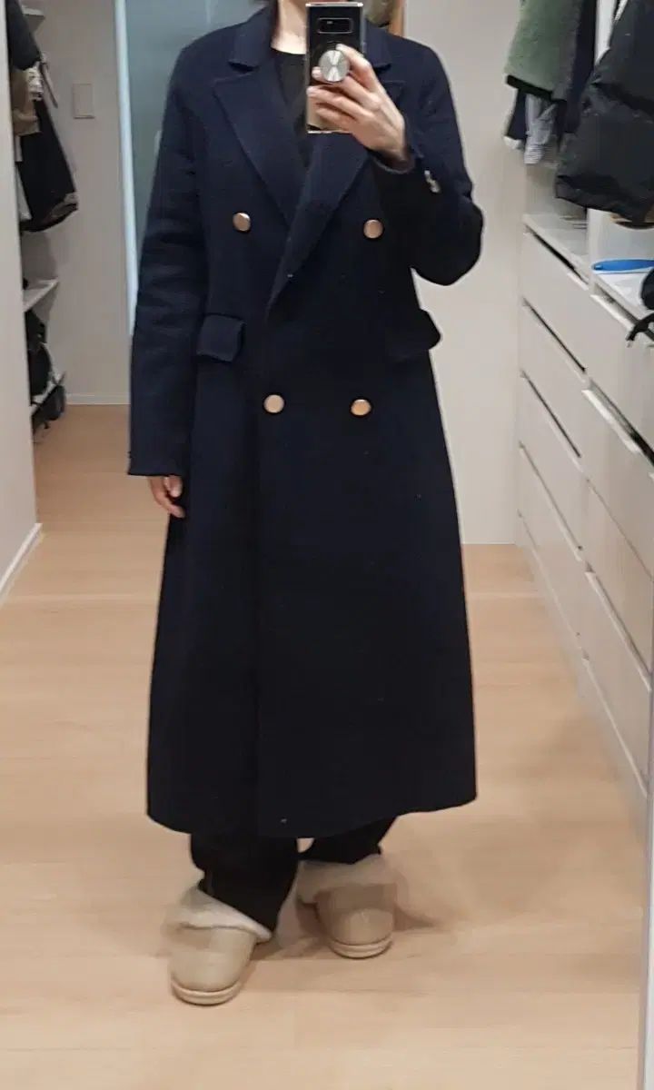 メルカリ市期間限定出品　サリースコット　ネイビー ボタン付き ロングコート メルカリ市期間限定出品 サリースコット ネイビー ボタン付き ロング