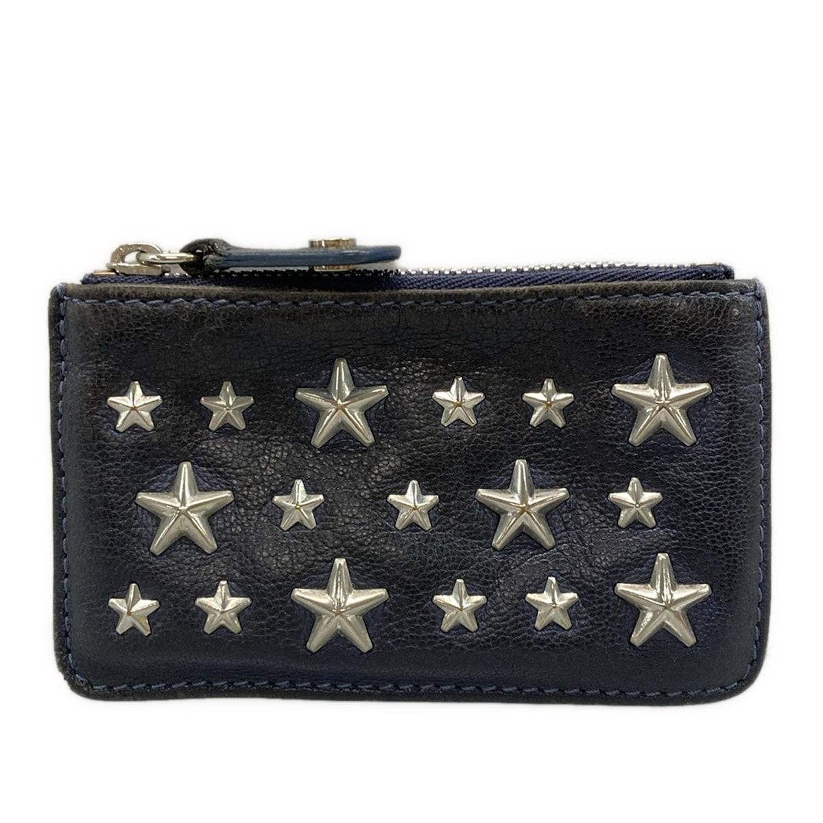 JIMMY CHOO ジミーチュウ コインケース - ネイビー スター 星 スタッズ キーリング付き レザー