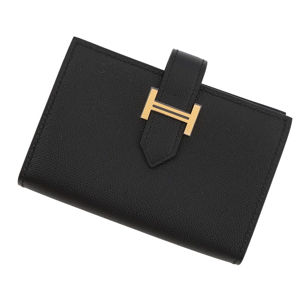 エルメス カードケース ベアン ミニ 小銭入れ付き ブラック ゴールド金具 ヴォーマダム K刻印 HERMES 名刺入れ コインケース 黒