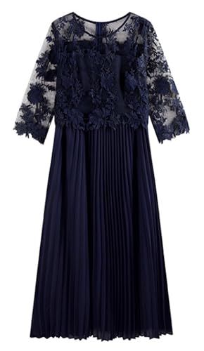 EightSTAR Dress パーティードレス ロング丈 結婚式ドレス 袖あり 刺繍 プリーツ お呼ばれドレス フォーマルドレス 大人 Aライン レース ゲスト 20代 30代 40代 JP アルファベット M ネイビー