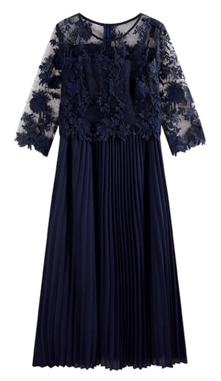 EightSTAR Dress パーティードレス ロング丈 結婚式ドレス 袖あり 刺繍 プリーツ お呼ばれドレス フォーマルドレス 大人 Aライン レース ゲスト 20代 30代 40代 JP アルファベット M ネイビー