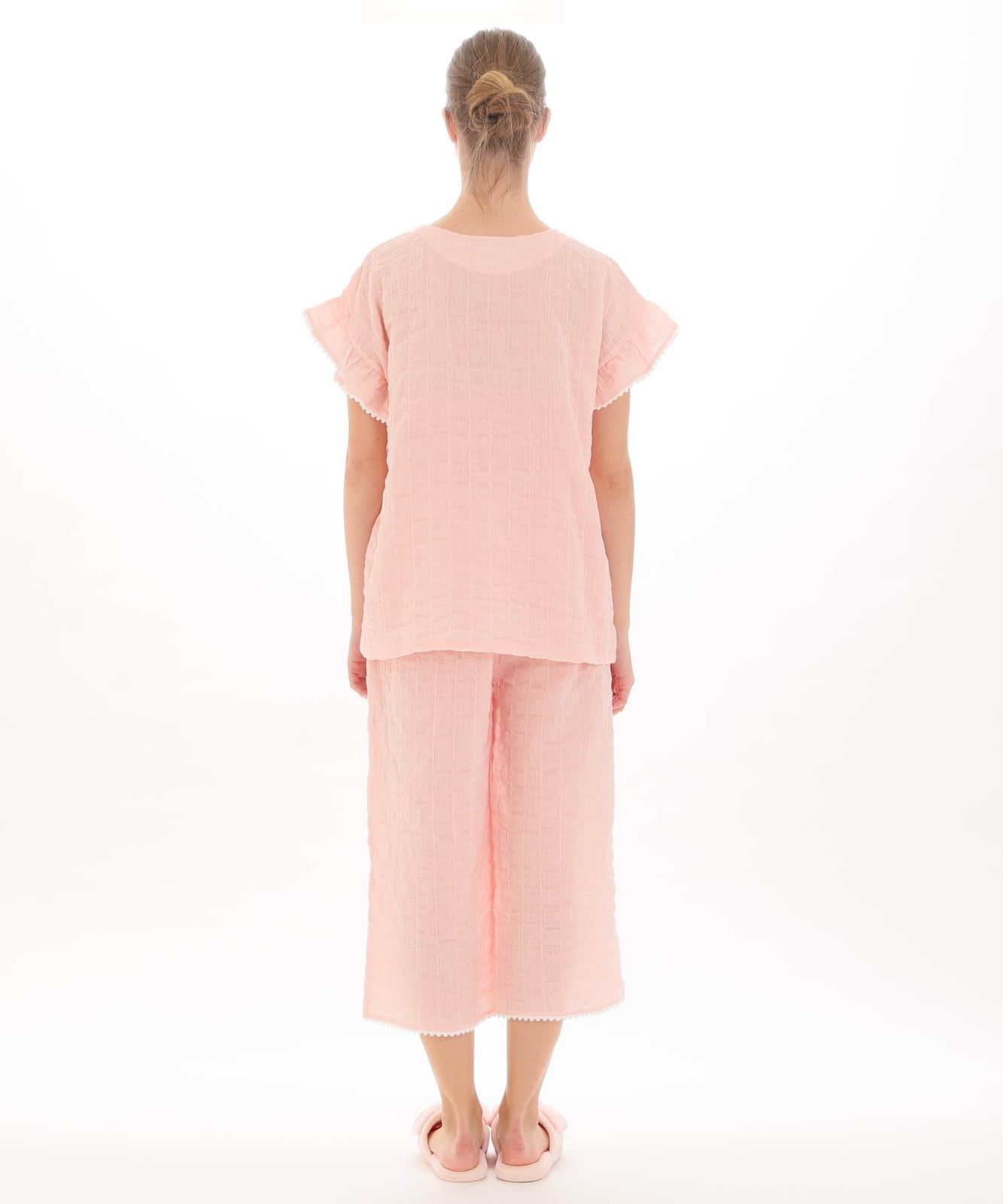 パジャマセット シャーリングWガーゼ表ジャカードフリルスリーブパジャマ