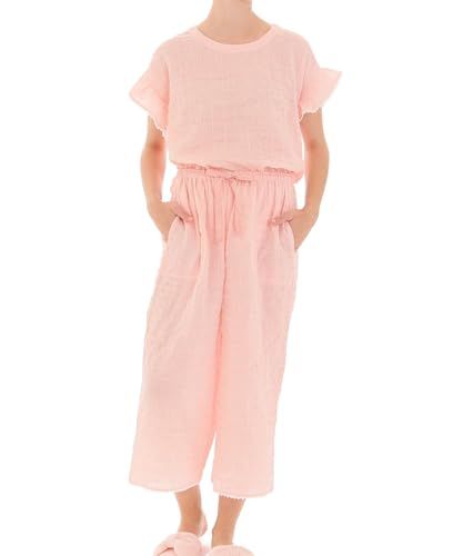 ナルエー パジャマセット シャーリングWガーゼ表ジャカードフリルスリーブパジャマ レディース ピンク