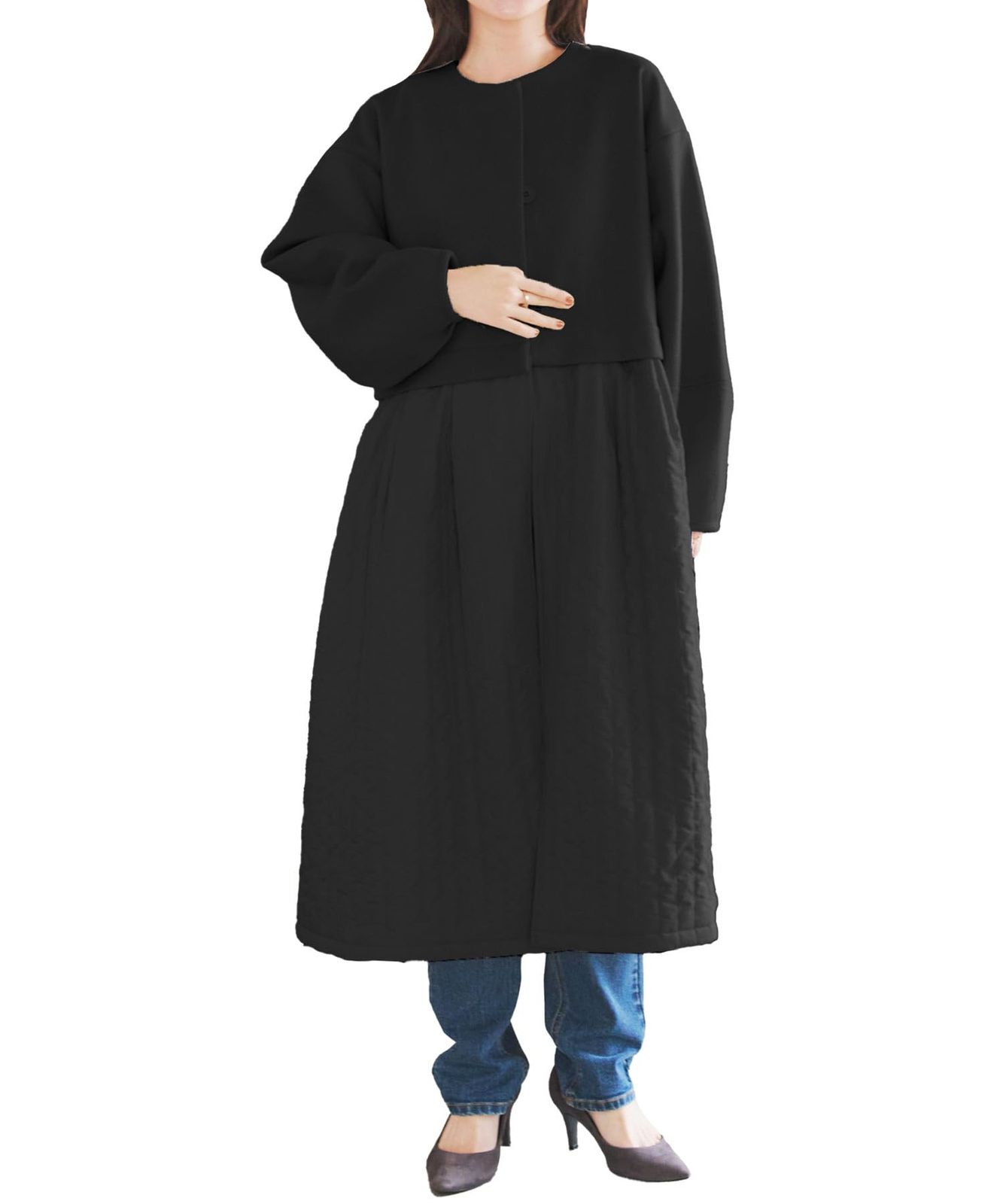 神戸レタス 2 way ロングコート キルティングコート ショート丈 レディース アウター ジャケット コート K 1312 M ブラック