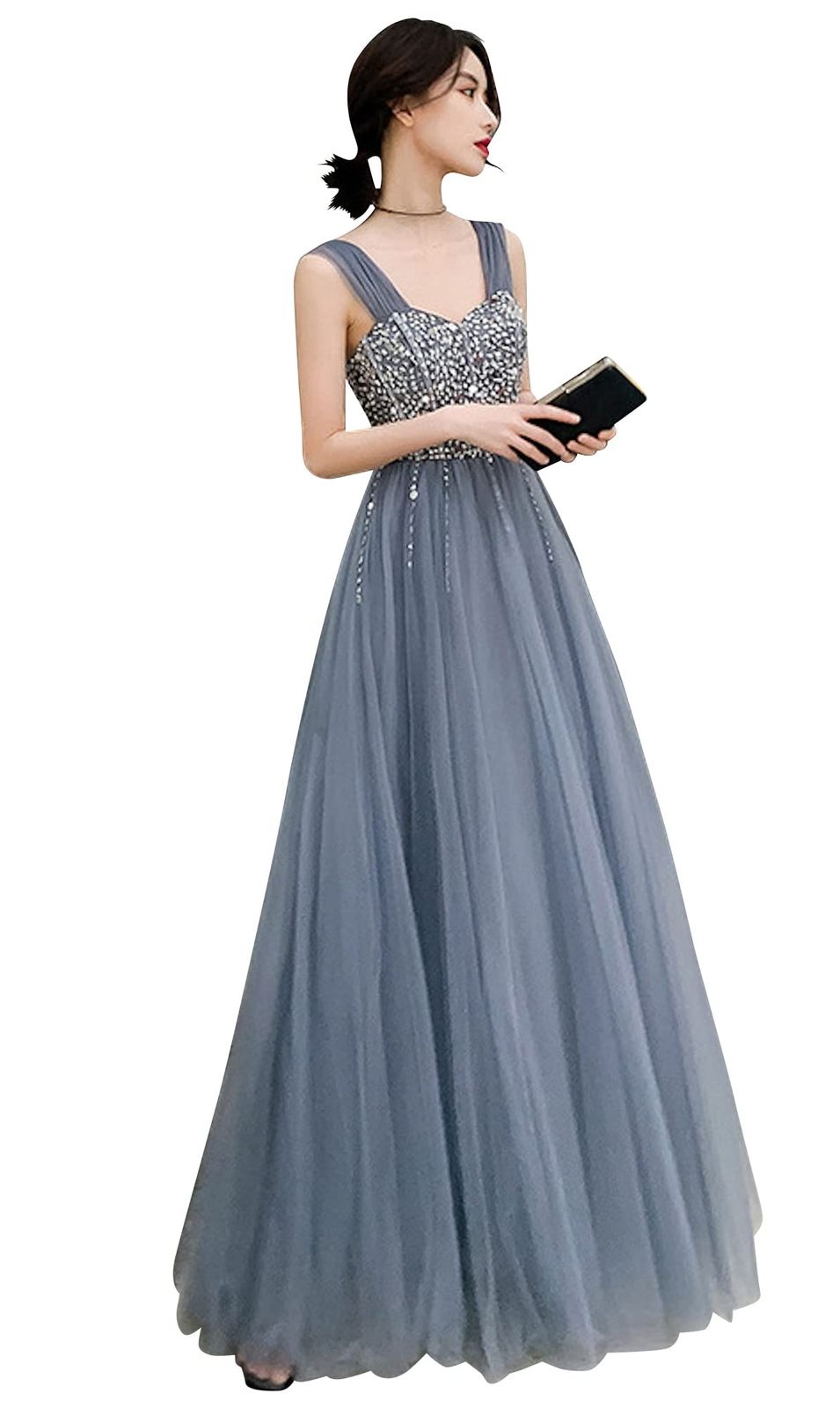 EightSTAR Dress パーティードレス イブニングドレス ピアノ 発表会 ドレス ロング 大人 二次会 花嫁 主役 スパンコール 背中あき Aライン スレンダーライン M ブルーグレー