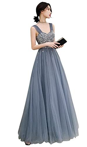EightSTAR Dress パーティードレス イブニングドレス ピアノ 発表会 ドレス ロング 大人 二次会 花嫁 主役 スパンコール 背中あき Aライン スレンダーライン M ブルーグレー