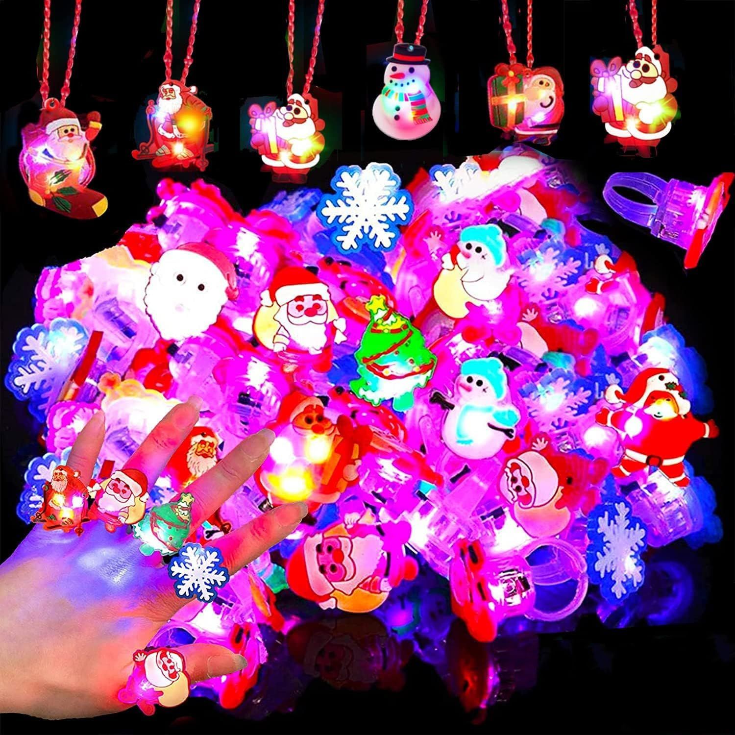 新品，正規品 光る指輪クリスマス 光るおもちゃ 56点豪華セット（ Led光るネックレス*6+ 指輪*50）お祭り子供景品 縁日おもちゃ 文化祭 子供会 花火大会ハロウィン クリスマス新年会 誕生日プレゼント キラ アクセサリー