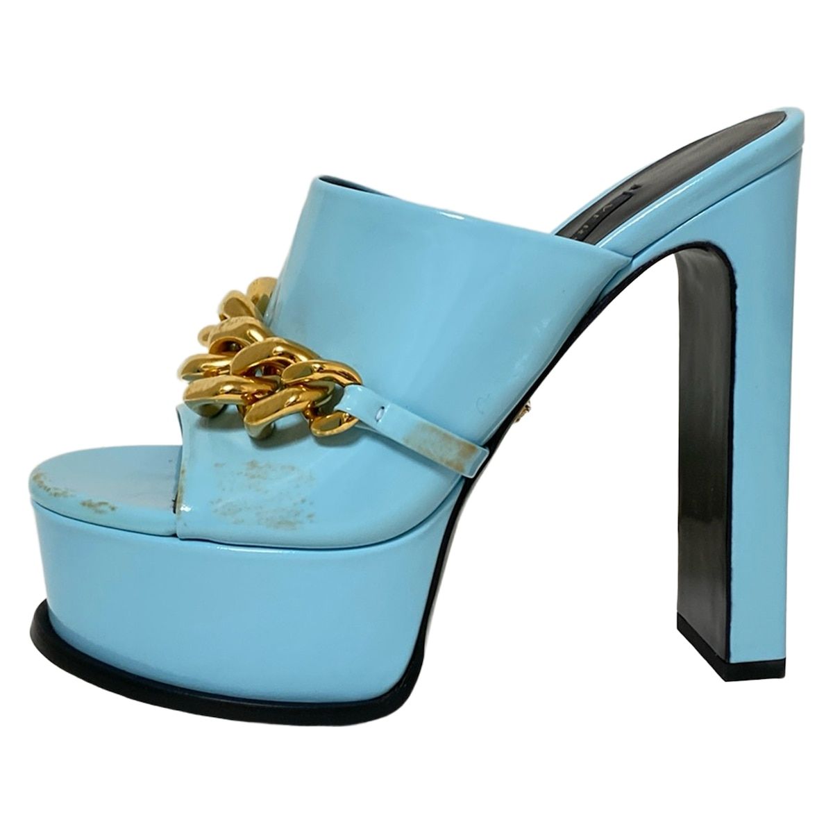 VERSACE ヴェルサーチ ミュール 37 レディース ライトブルー チェーン レザー