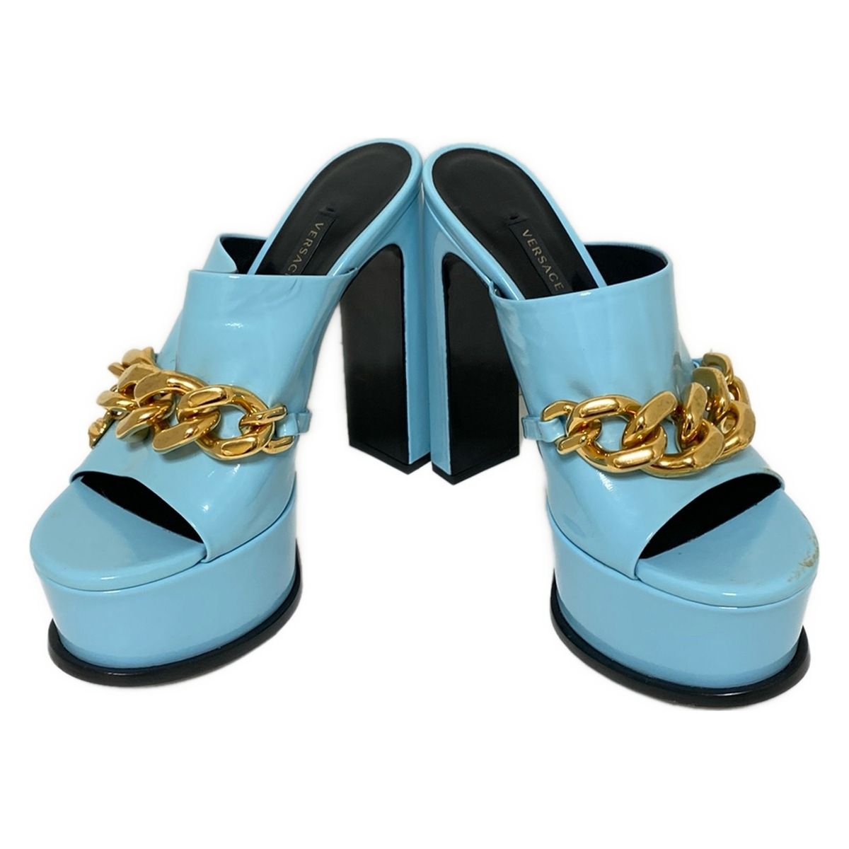 VERSACE ヴェルサーチ ミュール 37 レディース - ライトブルー チェーン レザー