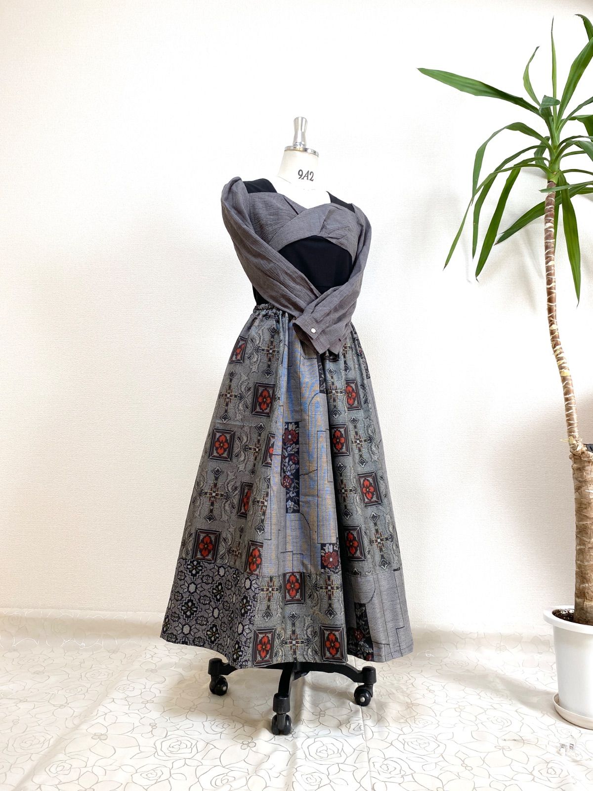 大人 セレブ大島着物スカート大島紬着物リメイクロングスカートフリーサイズ1点物ハンドメイド みNO 5876