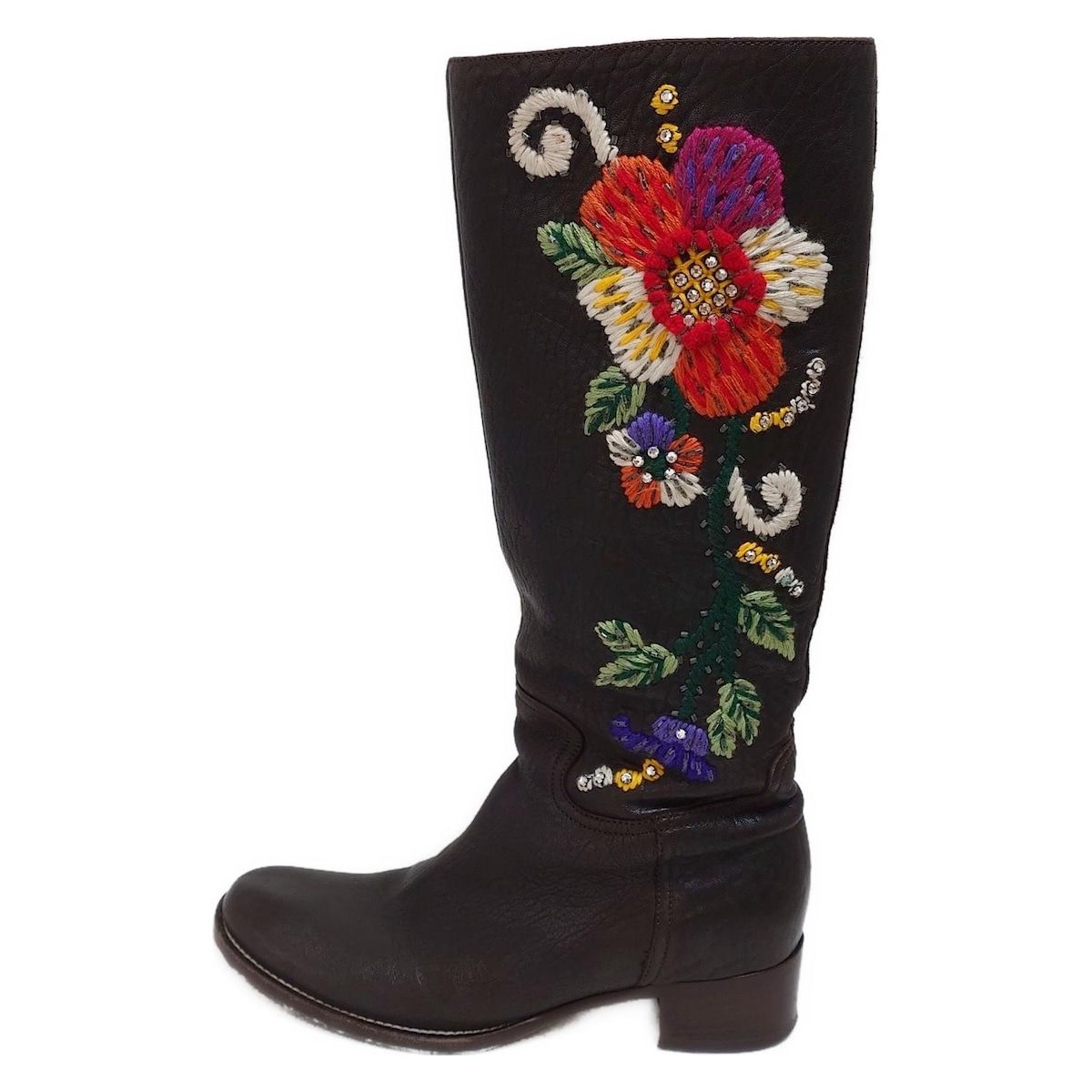 miumiu ミュウミュウ ロングブーツ 35 1 2 レディース - ダークブラウン×グリーン×マルチ 刺繍 ラインストーン フラワー 花 レザー