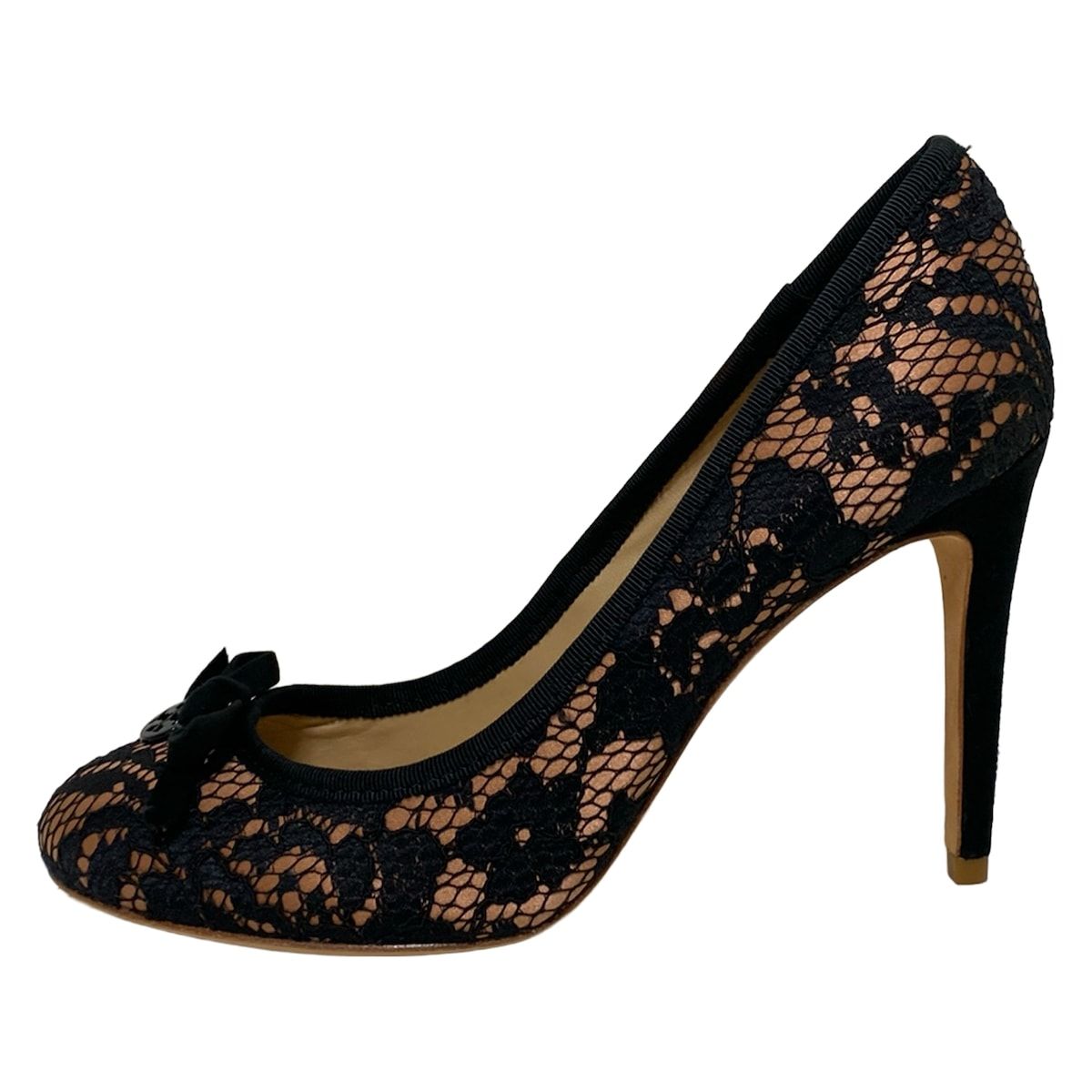 TORY BURCH トリーバーチ パンプス 7 M レディース ピンクベージュ 黒 レース リボン