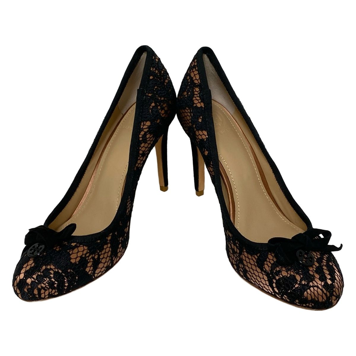 TORY BURCH トリーバーチ パンプス 7 M レディース - ピンクベージュ×黒 レース リボン