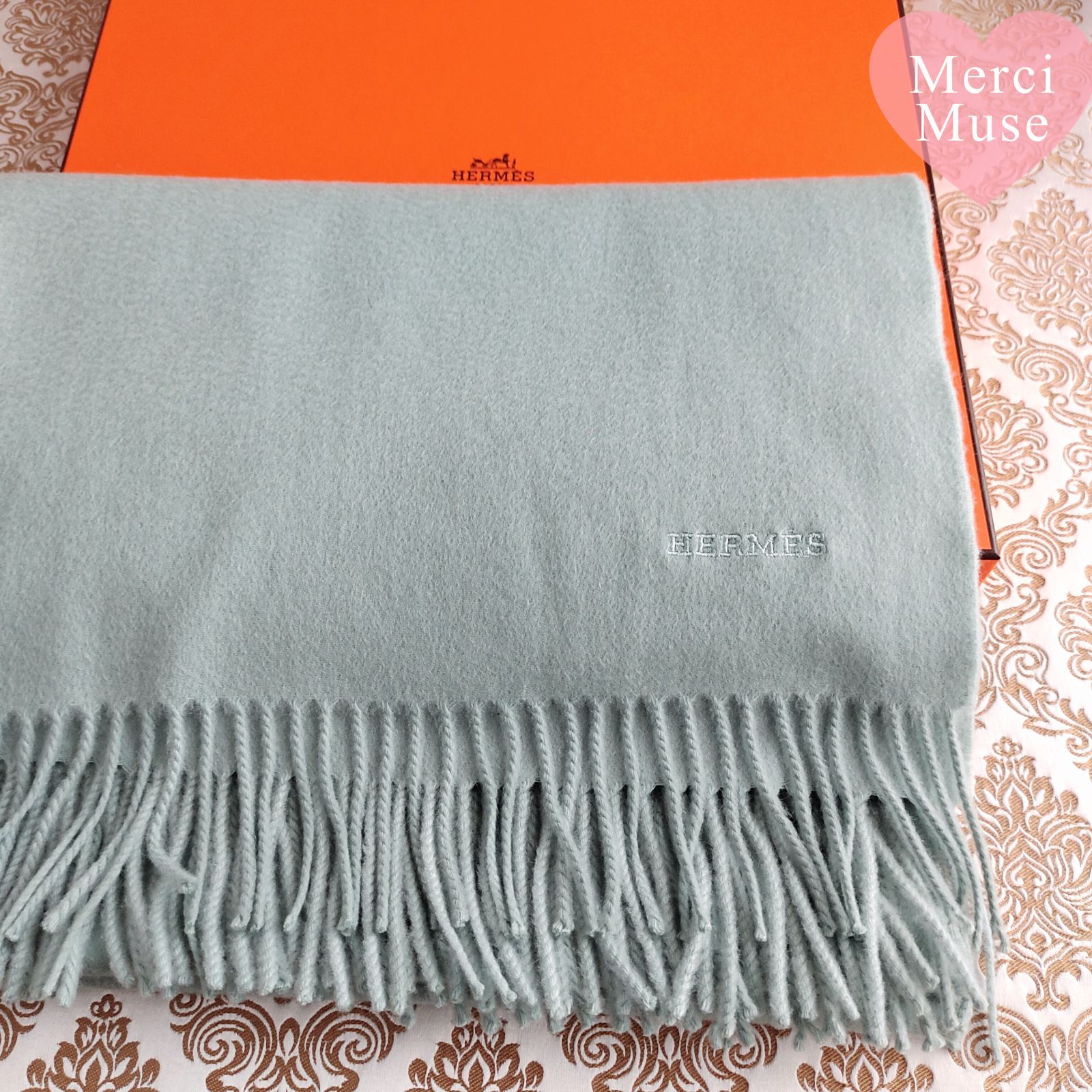 ❤お得なお品❤クリーニング済 カシミヤマフラー大判 ライトブルー