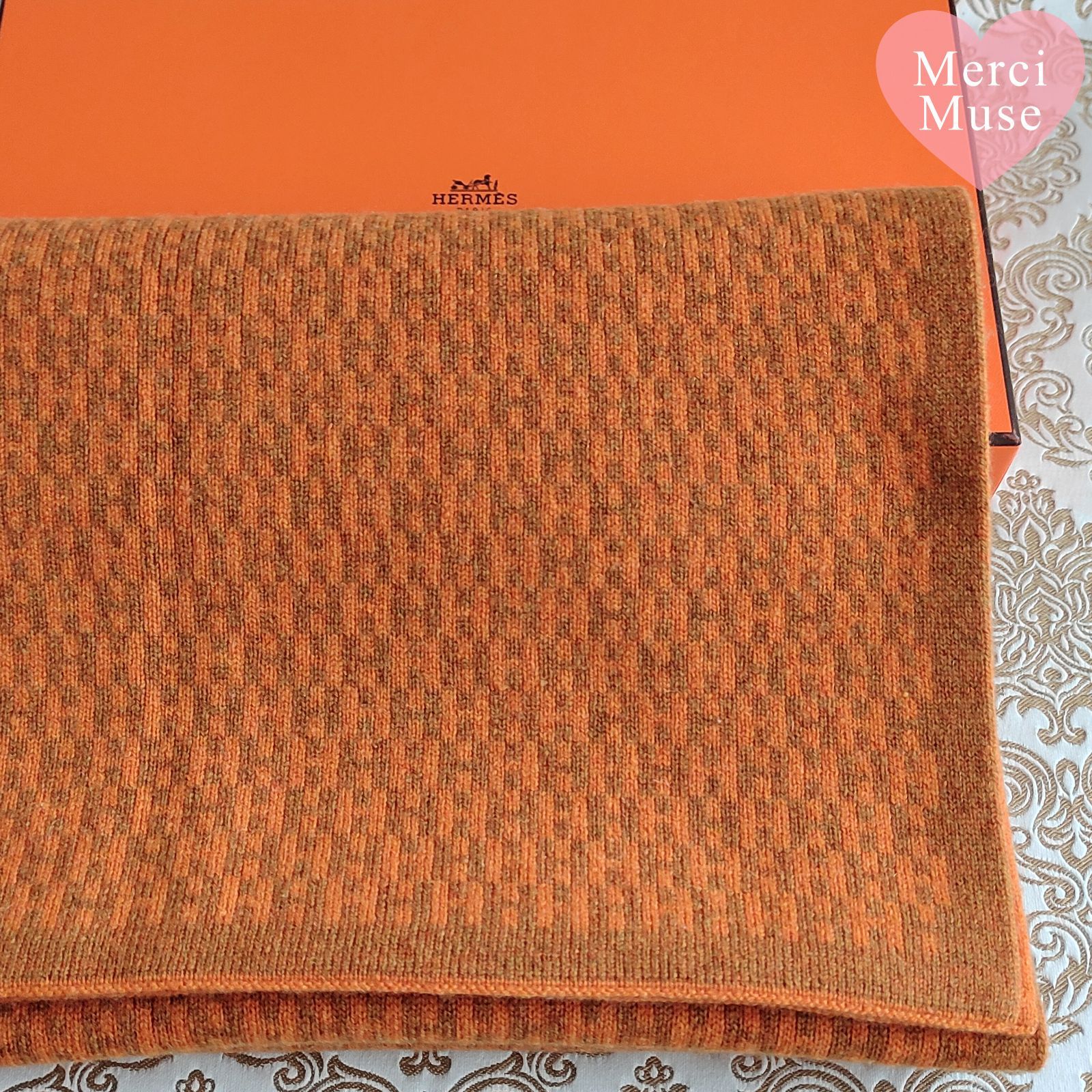 ❤お得なお品❤クリーニング済 H柄 カシミヤマフラー オレンジx