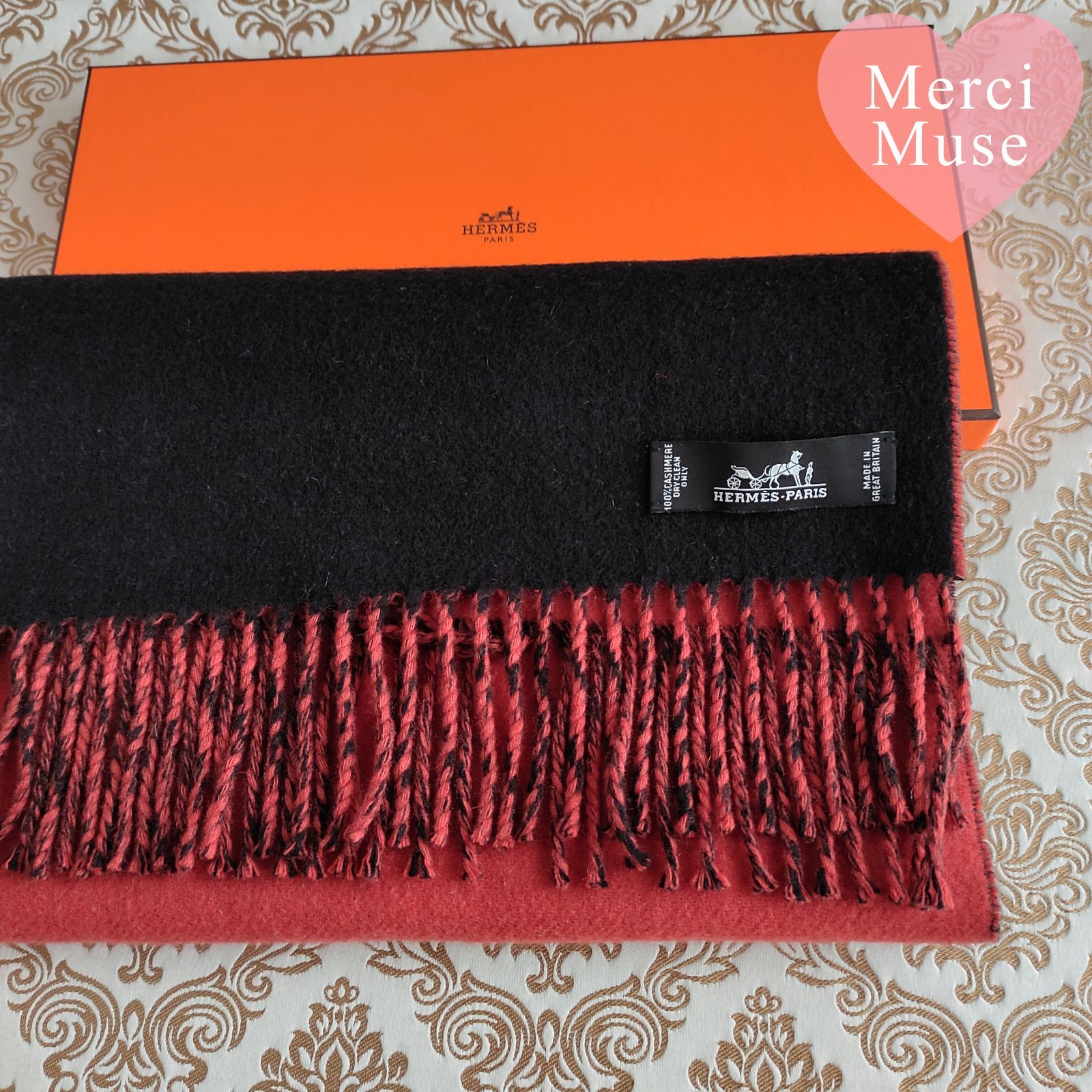 ❤お得なお品❤クリーニング済 カシミヤマフラー ブラックｘブルー エルメス ❤お得なお品❤クリーニング済 ふんわりカシミヤマフラー ブラックx