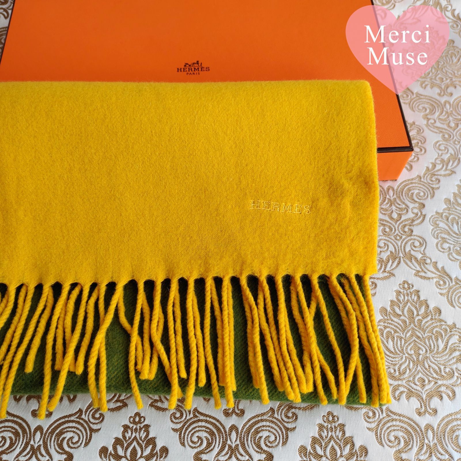 ❤お得なお品❤クリーニング済 ふんわりカシミヤマフラー イエローx