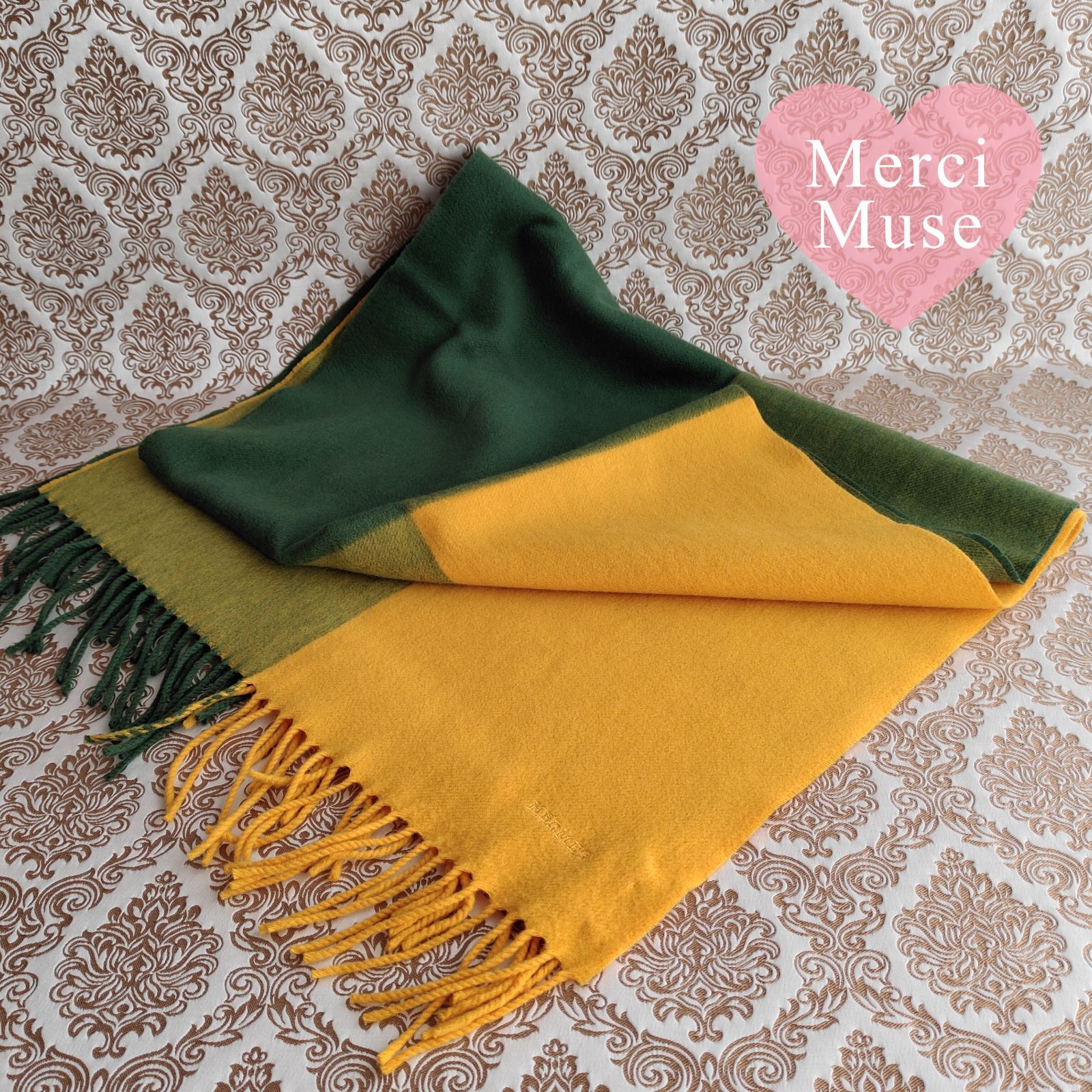 ❤お得なお品❤クリーニング済 ふんわりカシミヤマフラー イエローx