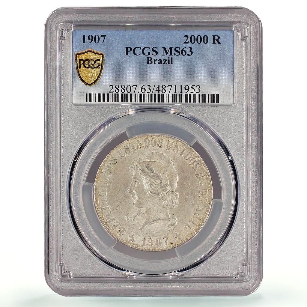 ブラジル 2000 レイス 通常貨幣 共和国肖像 MS 63 PCGS 銀貨 1907年