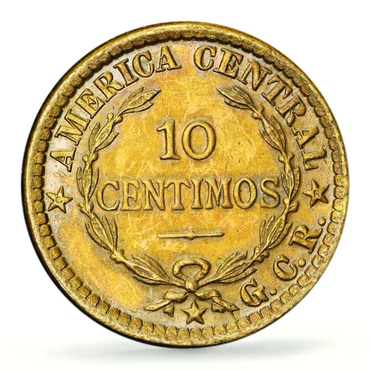 コスタリカ 10センティモ 第一共和国貨幣 KM 152 AU PCGS 真鍮貨幣 1921年