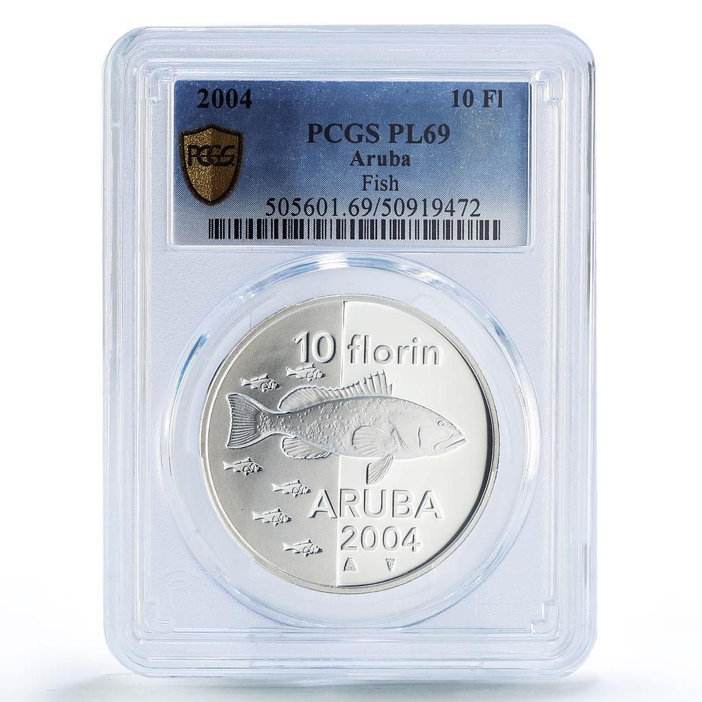 オランダ領アルバ 10フローリン 魚類 動物 動物相 PL 69 PCGS 銀貨 2004年
