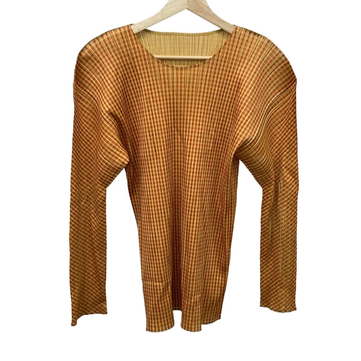 PLEATS PLEASE プリーツプリーズ チュニック サイズ3 L レディース ベージュ オレンジ クルーネック 長袖 チェック柄 プリーツ